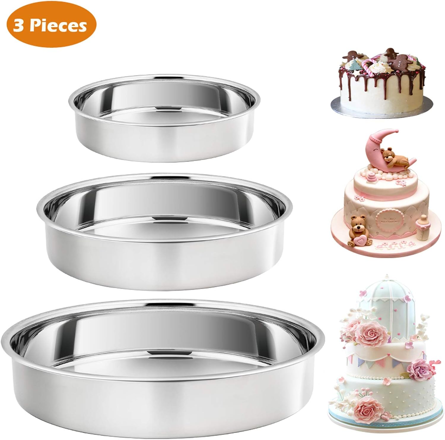P&P CHEF Cake Pan Set of 3, 8" + 9.5" + 11" Round Baking Layer Tier Cake Pans Tins, Stainless Steel Bakeware for Birthday Weeding, Heavy Duty & Non Toxic, Mirror Finish & Dishwasher Safe