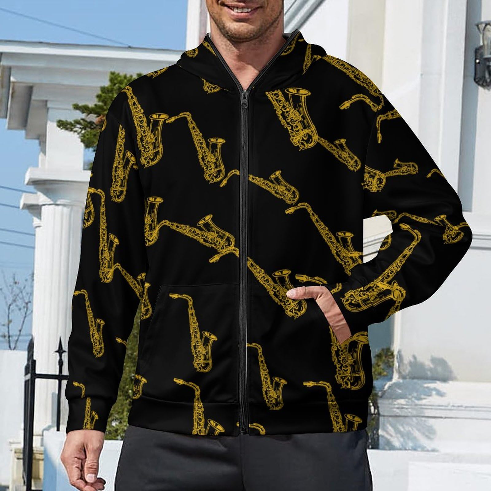Amazon | サックス 楽器 メンズ プリントパーカー 暖かい ジャケット  