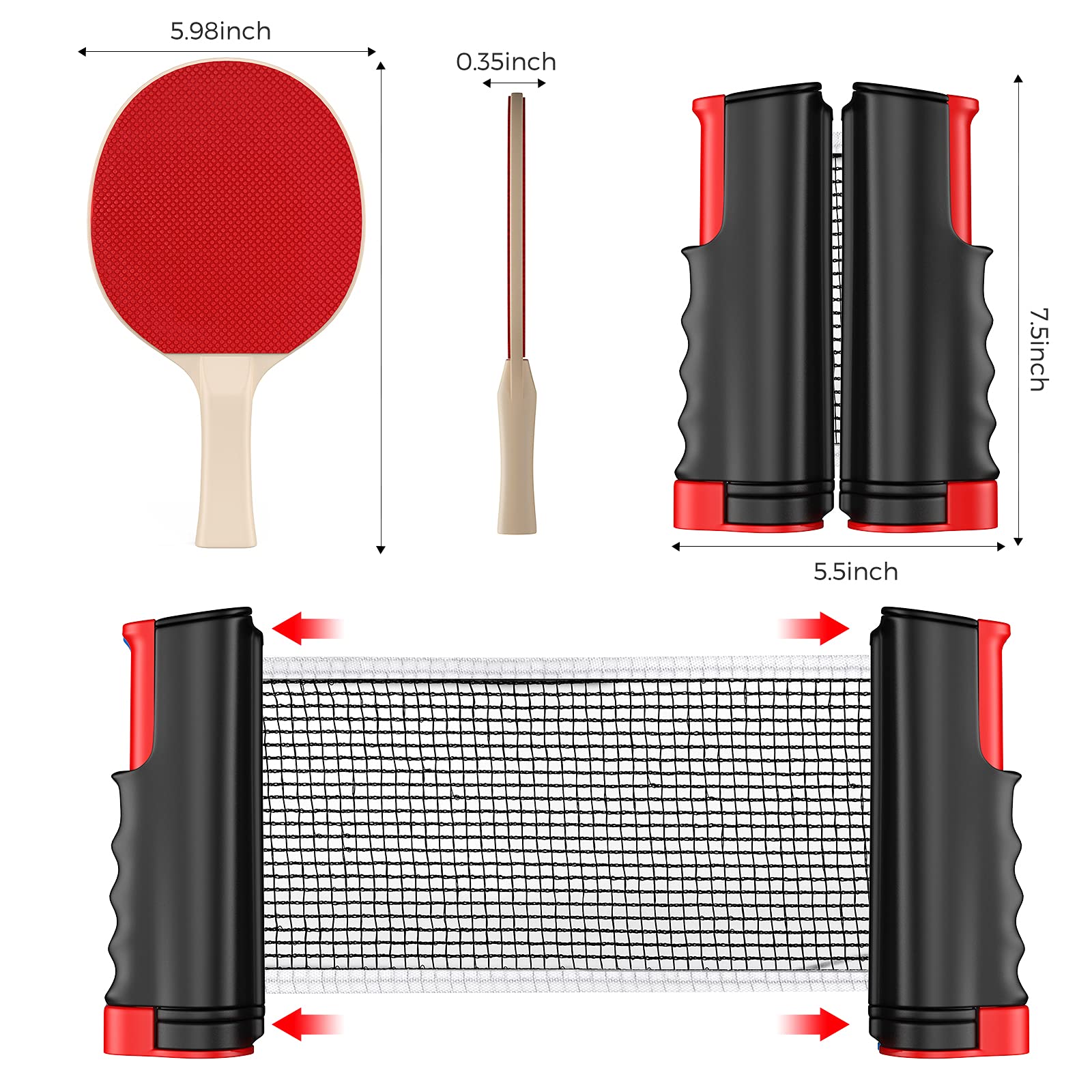 Set Complet De Tennis De Table : 2 Raquettes, 6 Balles Et Filet Rétractable