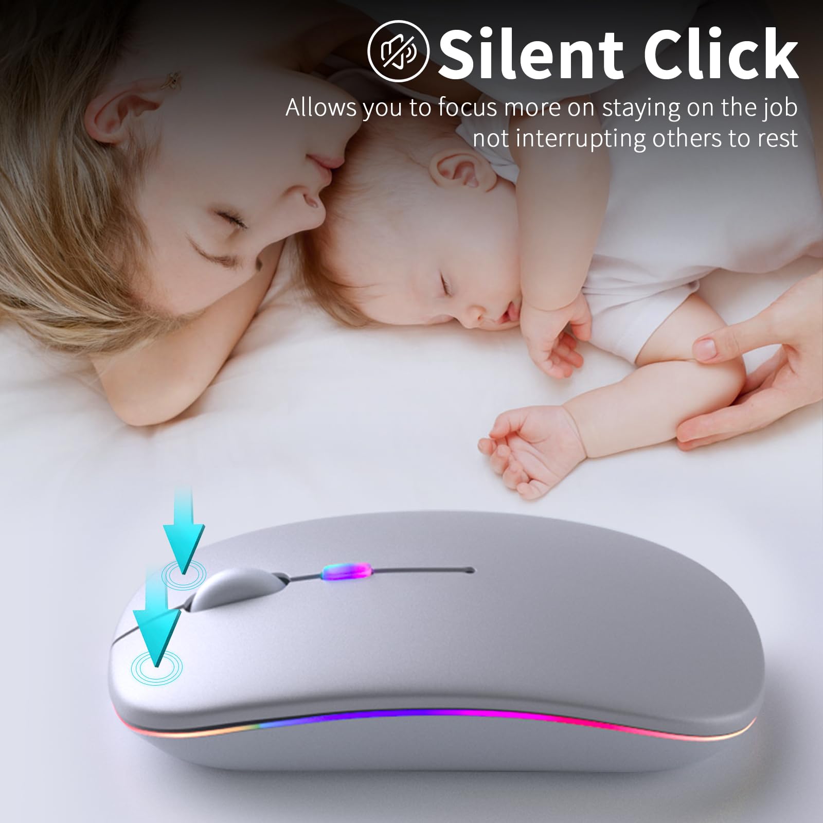 KANMABPC Ratón Bluetooth inalámbrico, recargable, silencioso, modo dual (Bluetooth 5.2 y USB) con luces LED, portátil para laptop, computadora de escritorio y tableta (plateado)