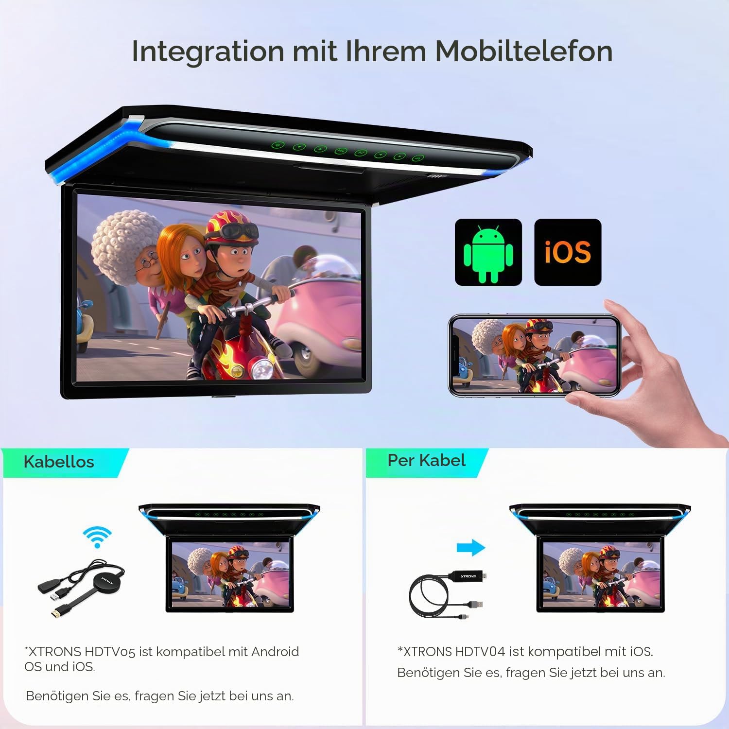 Neu XTRONS 17,3 Zoll 16:9 ultradünne Digital TFT FHD 1080P Video Auto Deckenplayer Dachmontage mit integriertem HDMI/SD/USB/Infrared/FM