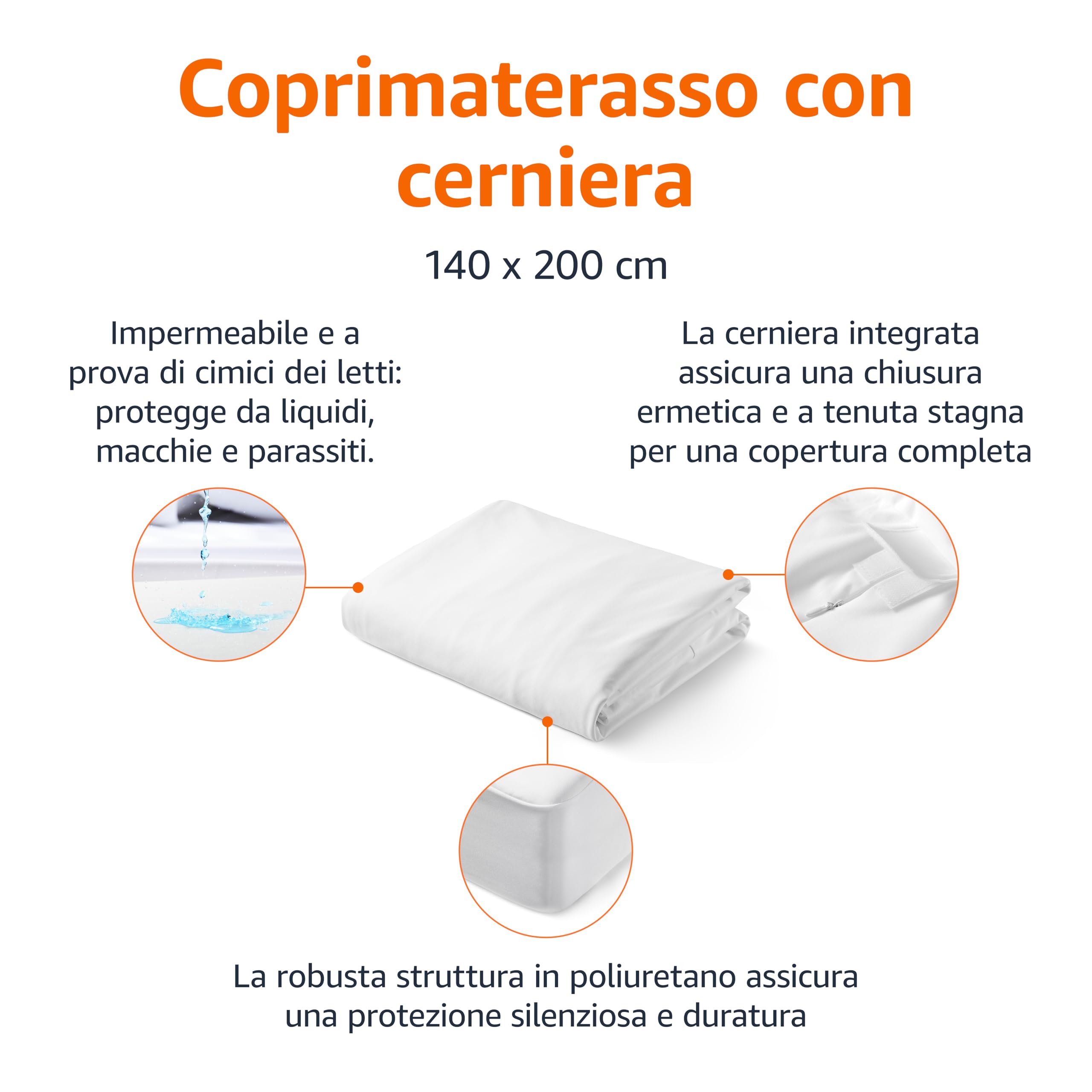 Amazon Basics Coprimaterasso con chiusura lampo, impermeabile e a prova di cimici, Piazze Francese, 140 x 200 x 30 cm, Bianco