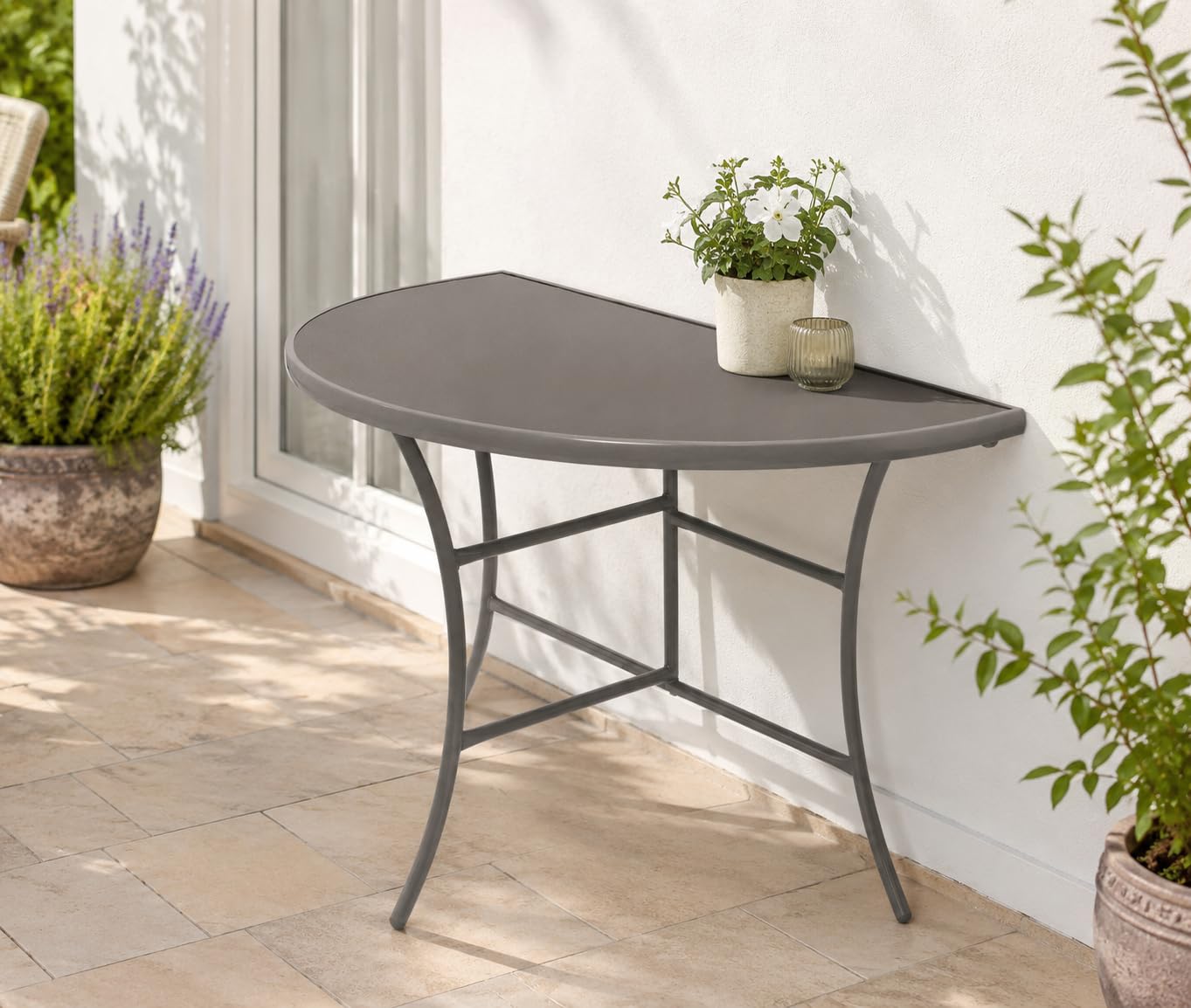 DEGAMO Wandtisch Anstelltisch Palermo halbrund 58x110cm, klappbar, Stahl silberfarben, Glas grau, Innen und Außen