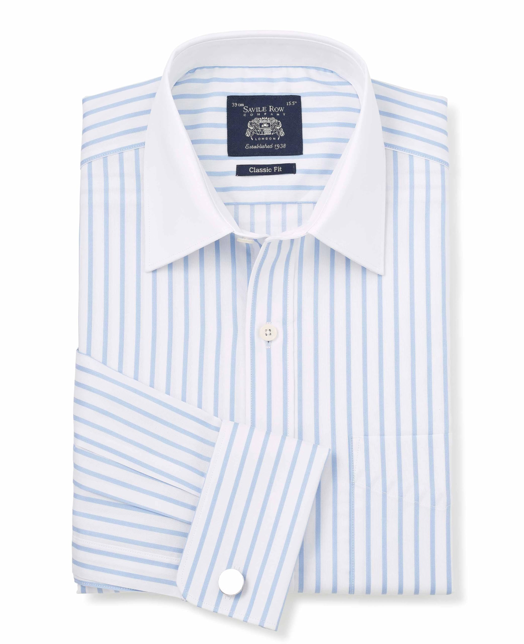 THE SAVILE ROW COMPANY LONDON Men's Classic Fit Cotton Poplin Double Cuff Winchester Formal Shirt - Sky Blue Herringbone Stripe - 16.5" Collar