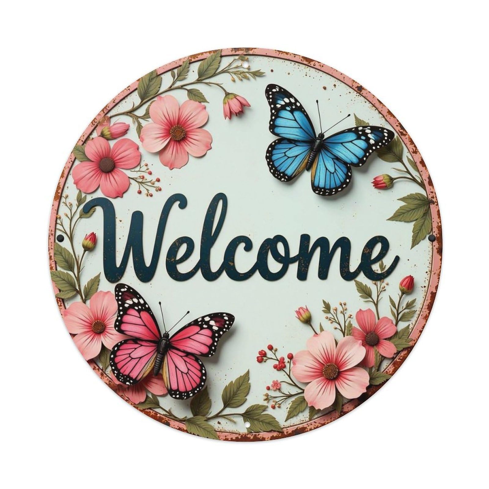 Floral Butterflies Welcome Sign Pattern Round Metal Tin Sign Vintage Wall Decor, Bar Garage Cafe Kitchen Home Wall Art Poster 8x8inches