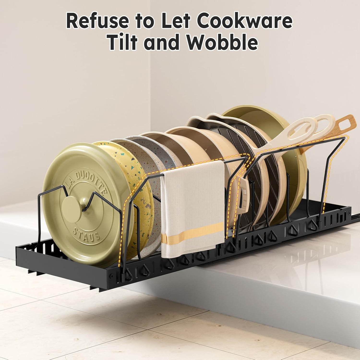 2 Pack Pots and Pans Organizer Under Cabinet - Pull Out Pot and Pan Organizer Expandable Pot and Pan Lid Organizer with 10 Adjustable Dividers for Pot, Lid, Cutting Board, Dishes, Baking Tray