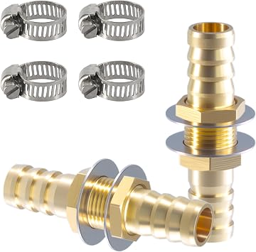 Brass Hose Thru-Bulk Head Hex Union Barb Fitting 3/8" ID Barb Splicer Mender air hose repair kit with Flat Washer Stainless Steel Pipe Clamps for Pipe Line/Fuel/Air Pack of 5