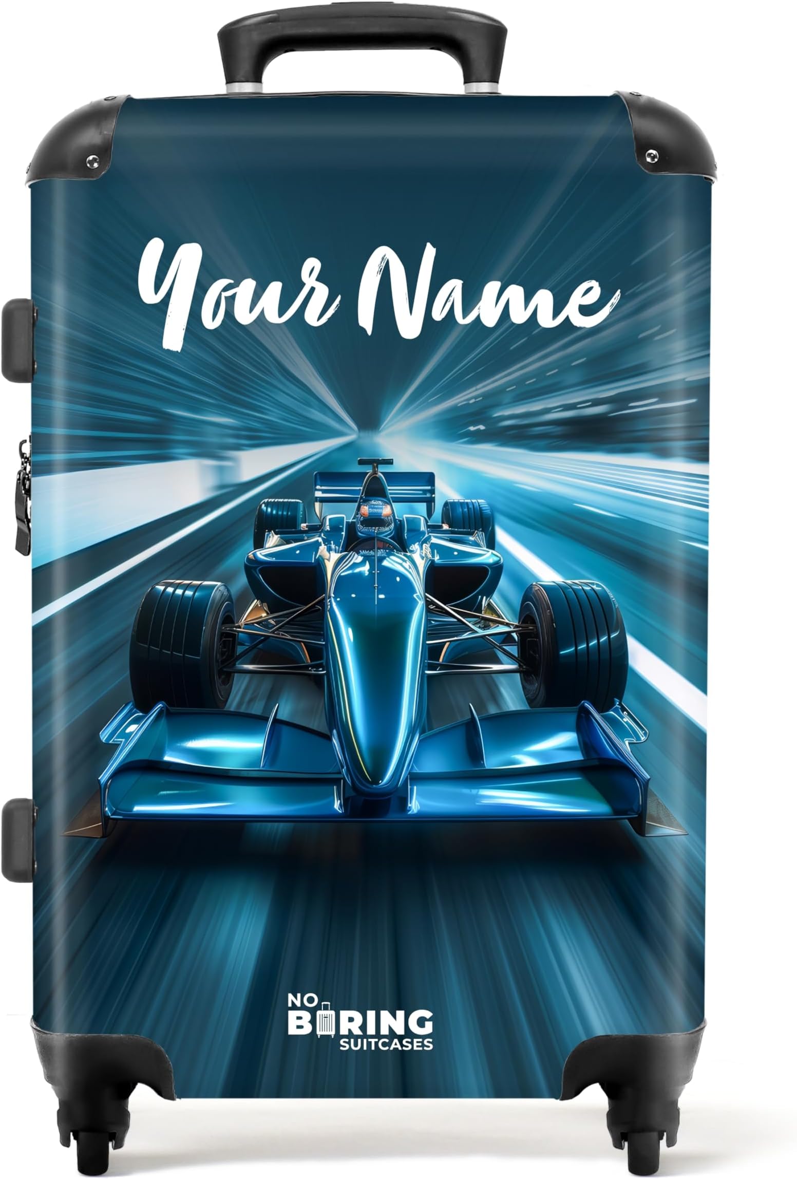 Children's Luggage Kids Suitcase for Boys - Personalised Large Hard Shell Luggage on Wheels - Cyan-Blue Race Car in Tunnel - 26" - 28" - 23kg