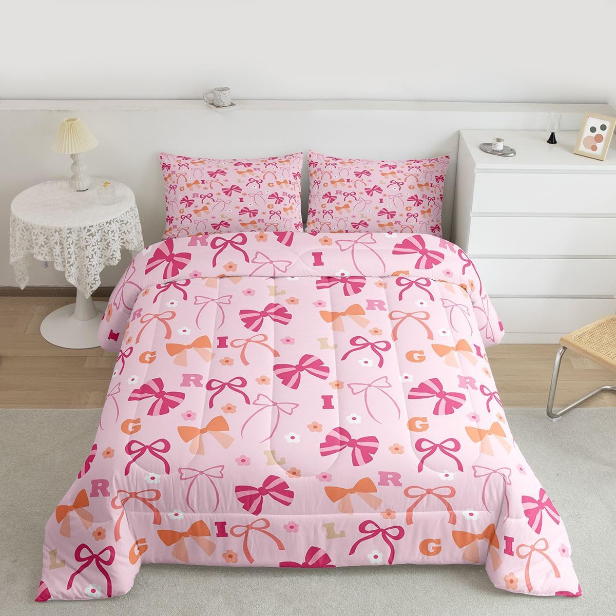 Feelyou Bow Bedding Set Soft for Boys Girls, Floral Comforter Set Twin Size Cute Bowknot Duvet Quilt Microfiber Kawaii Bedroom Decor Personalized Initial Letter 2 Pcs with 1 Pillow Cases