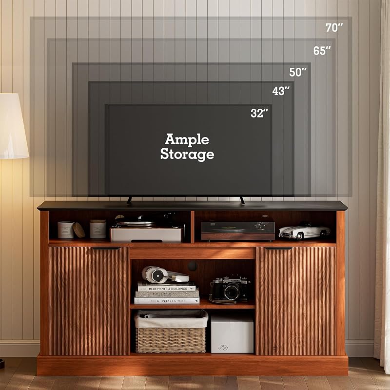 LCRBOL TV Stand for up to 65" TV, Mid-Century Entertainment Center, Walnut image 4