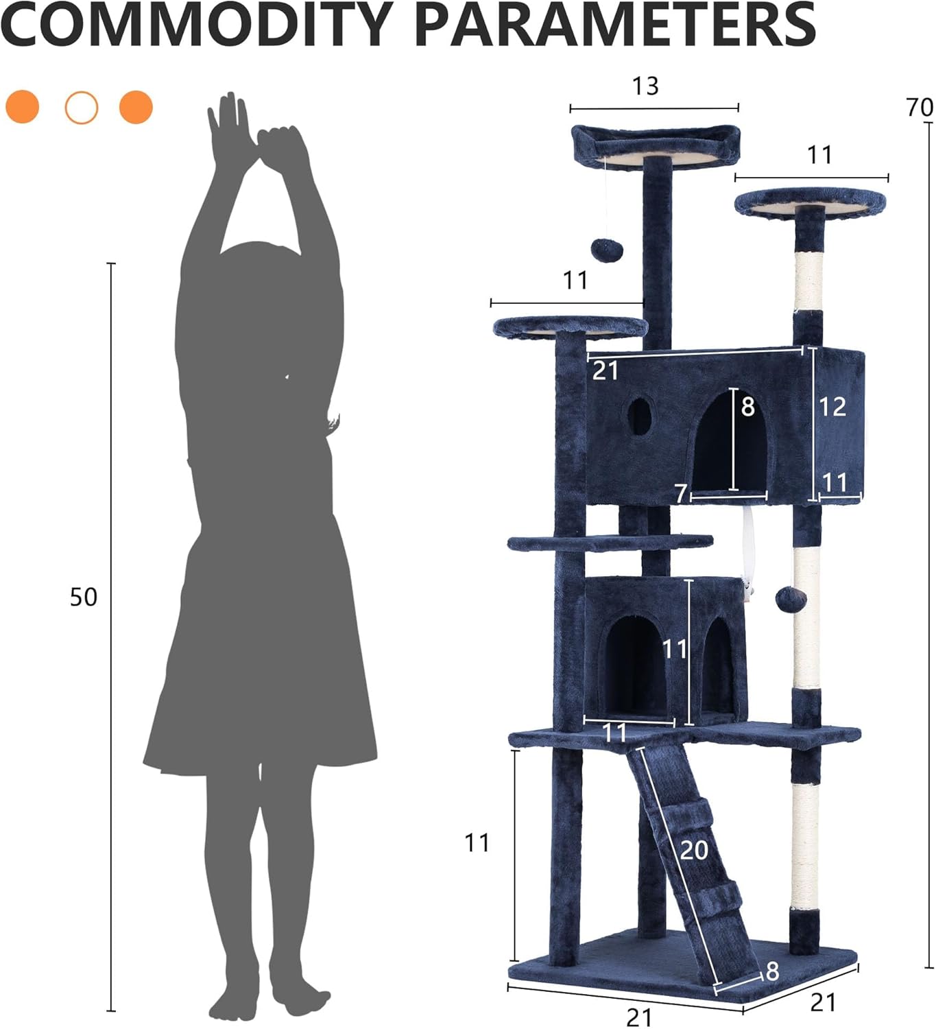 Heavy Duty 70 Inch Cat Tree - Tall Tower with 3 Perches, 2 Condos, Ladders, Sisal Pole & Scratching Posts - Blue