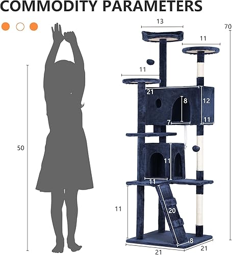 Miniatura 7 de Torre de árbol para gatos de 70 pulgadas, condominio de varios niveles con poste rascador, perca de felpa, bola colgante, resistente para gatos Azul