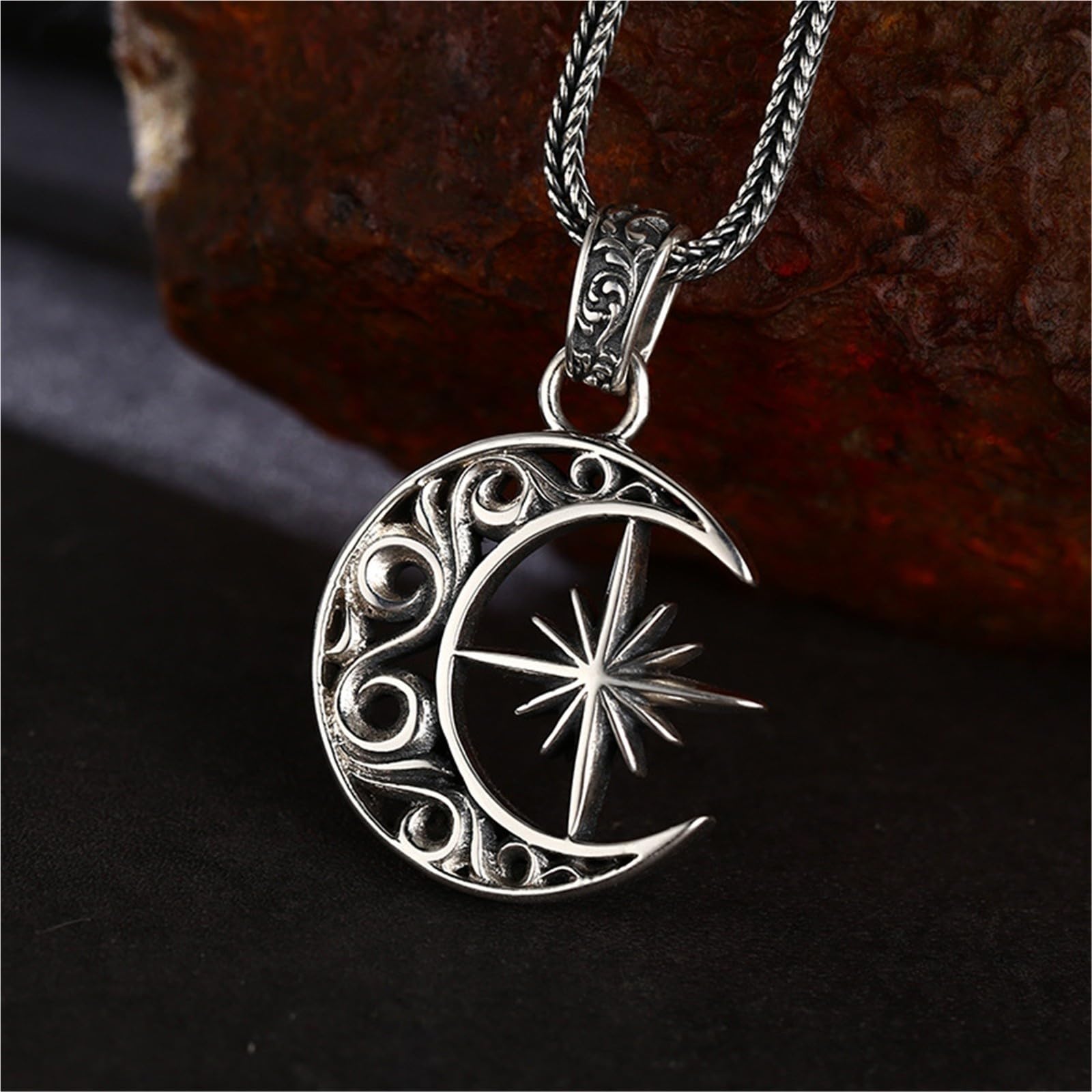 Herren Halskette Herrenhalsketten, Anhänger mit Stern und Mond S925