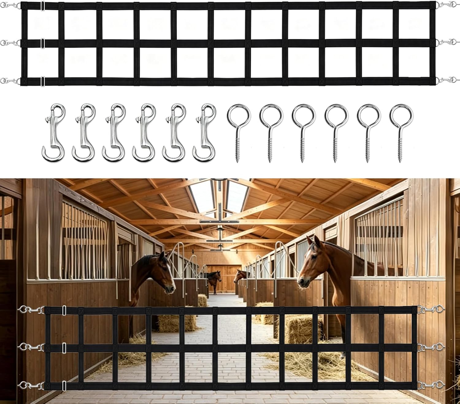 Horse Stall Guards with Adjustable Straps, High Tenacity Nylon Barn Door Guards with Screw Eyes and Open-End Snaps for Barn Ventilation & Safety, 20''H x 12'L, Black