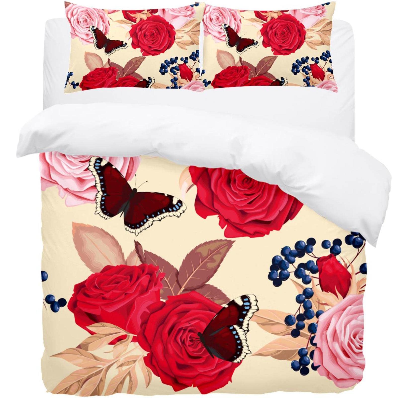 Housse de couette douce motif roses et papillons, parure de lit 3 pièces haute finition