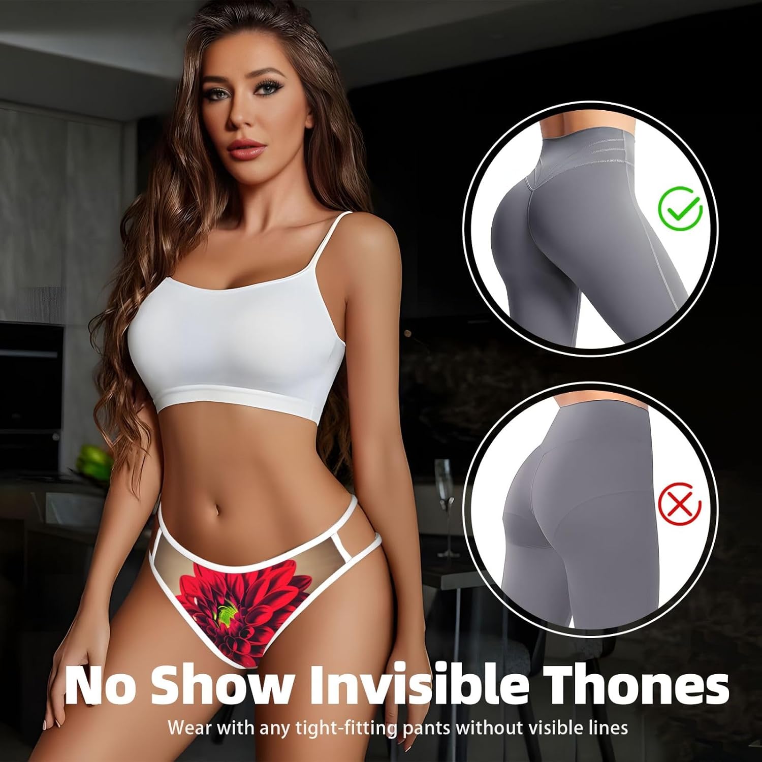 Wooden Board Retro Flower Red Dahlia Print Sexy Underwear G String Thongs For Women Low Rise No Show Workout Panties For Sports And Yoga
