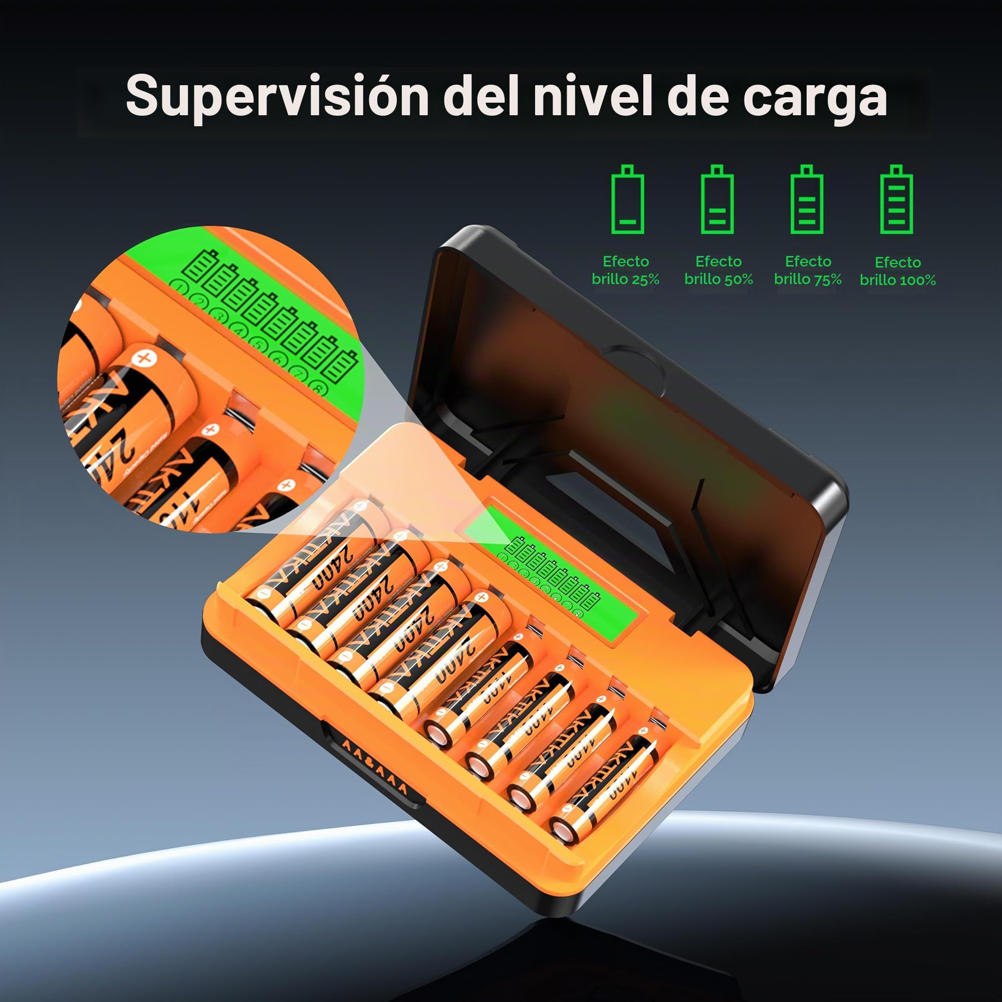 Cargador de Pilas de 8 Ranuras, con 4 Pilas Recargables AA de 2400 mAh y 4 Pilas AAA 1100 mAh Ni-MH 1,2 V, con Cable de Carga Tipo C