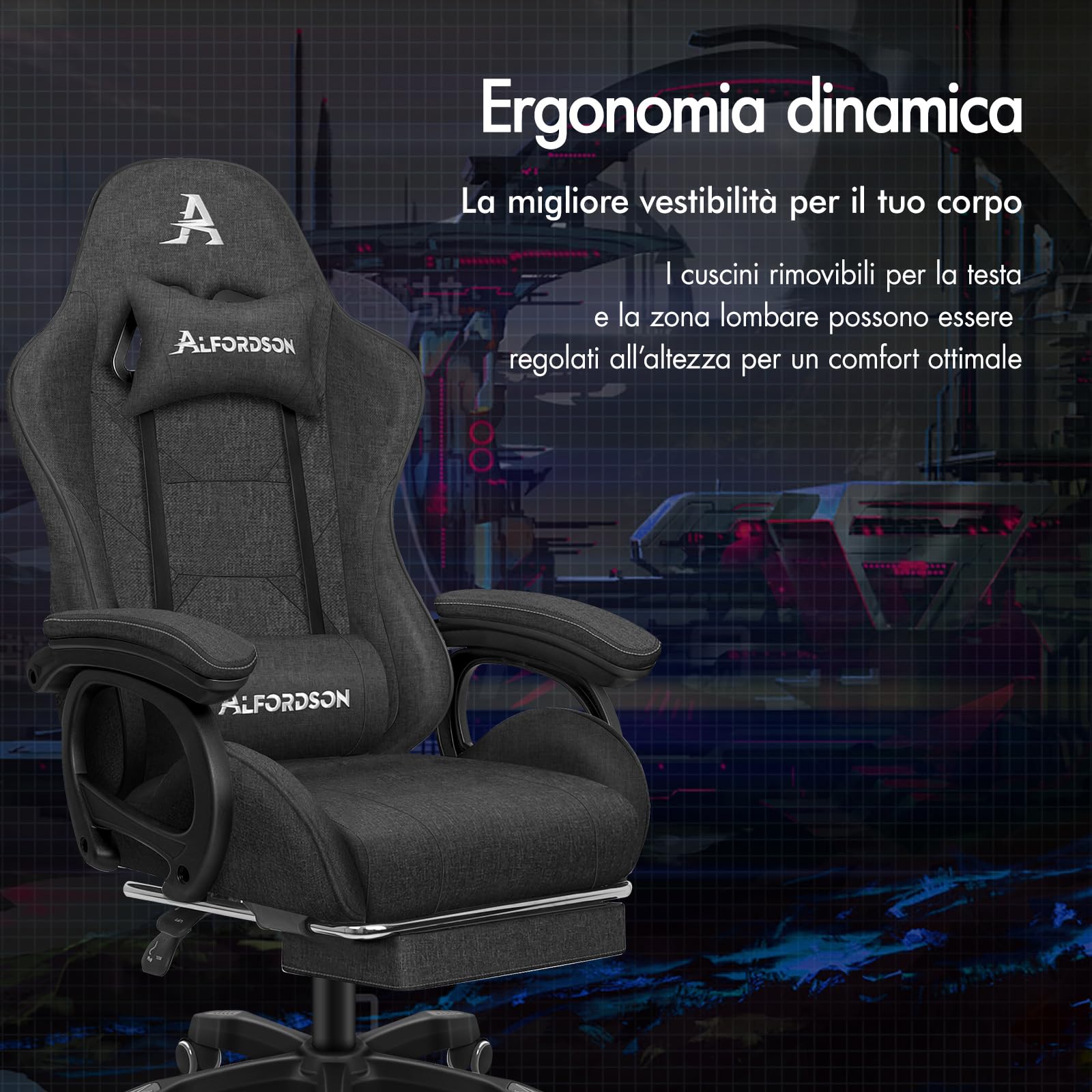 ALFORDSON Sedia da Gaming Massaggiante, Sedia Gamer con Cuscino Lombare e Poggiatesta, Poggiapiedi Telescopico, Ergonomico Sedie da Ufficio Schienale Regolabile 90-150°, Tessuto(Grigia scura)