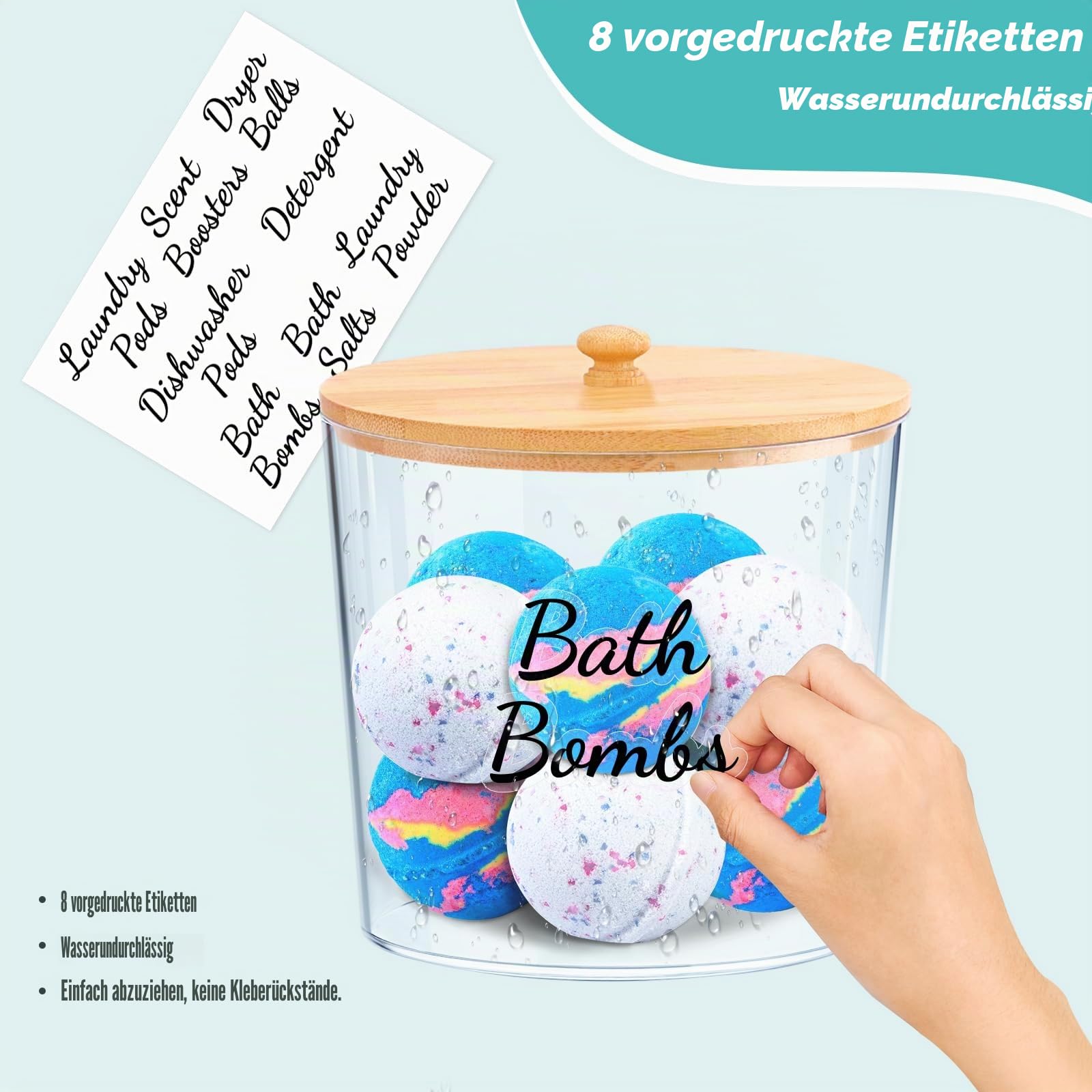 TCJJ 3 Stück Waschmittel Pod Aufbewahrung mit Etiketten, Hohe Kapazitä-Kunststoff-Waschpulverlagerung, Badezimmer-Waschmittel Organizer mit Bambusdeckel, für Waschpods, Badebomben, WäScheparfüm