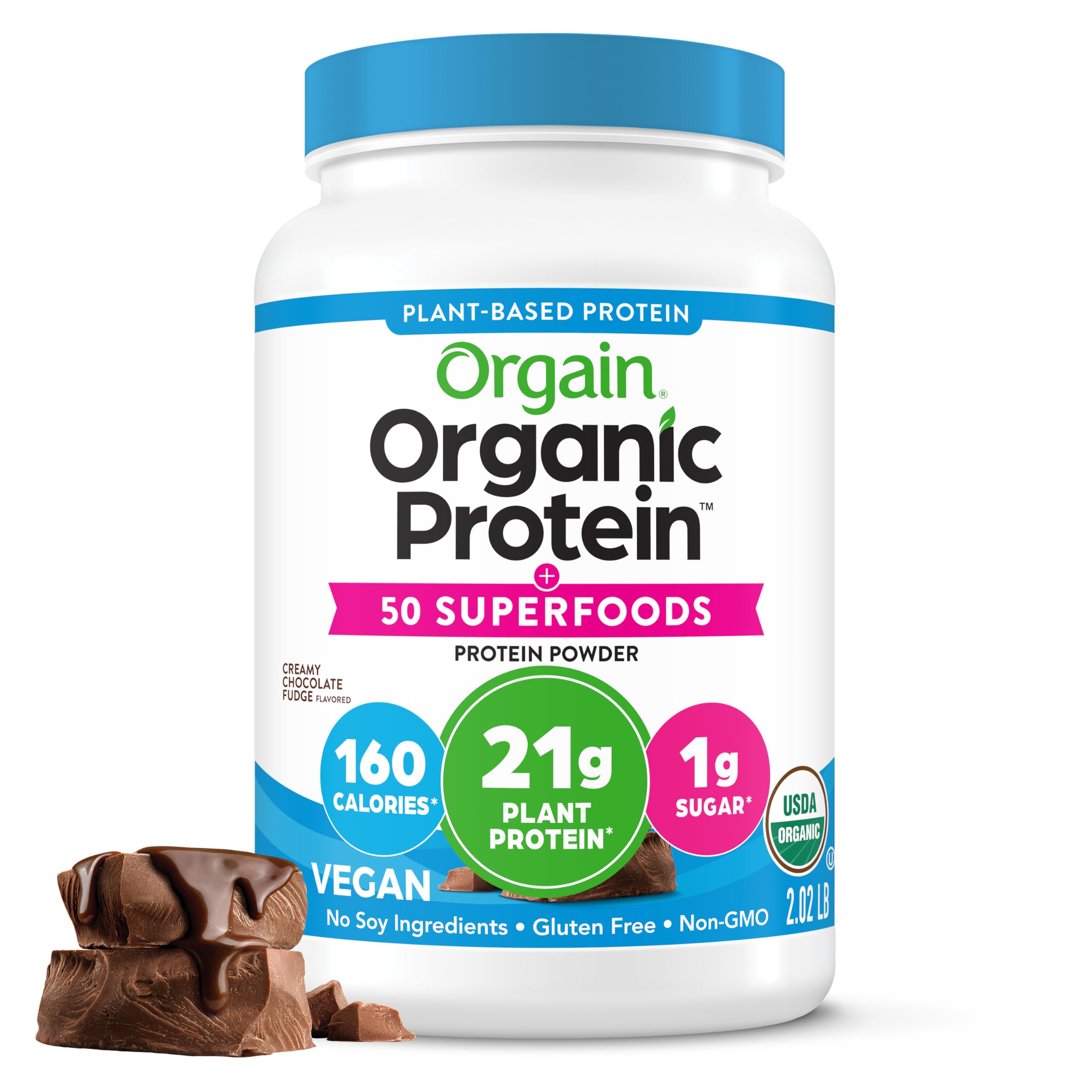 Orgain Organic Vegan Protein + 50 Superfoods Powder, Creamy Chocolate Fudge - 21g Plant Based Protein, 9g Prebiotic Fiber, No Lactose, Gluten Free, No Added Sugar, 2.02 lb (Packaging May Vary)USDA Organic