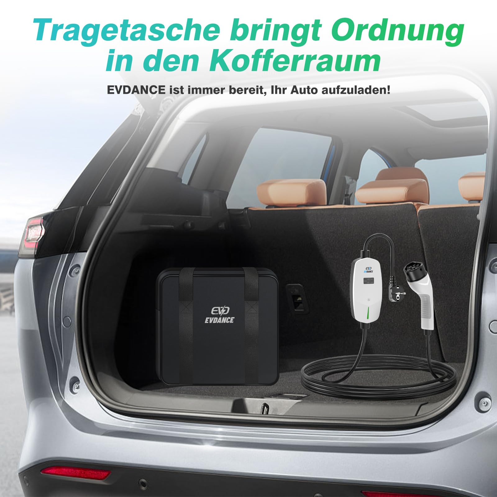 EVDANCE Ladekabel Typ 2 Schuko 6.1m 3.68KW Tragbares Ladegerät mit OLED Bildschirm 6-16A für PHEV/EV-Weiß