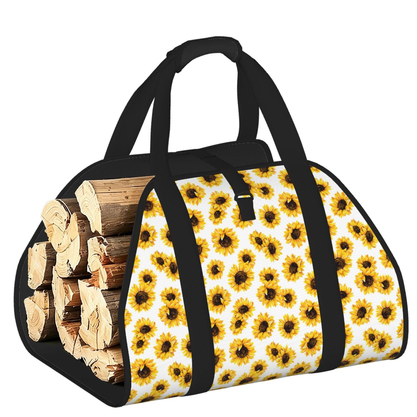 Ayyqwe Black Sunflower Print Firewood Bag Wood Waterproof Versatile Camping Picnic Storage Daily Home
