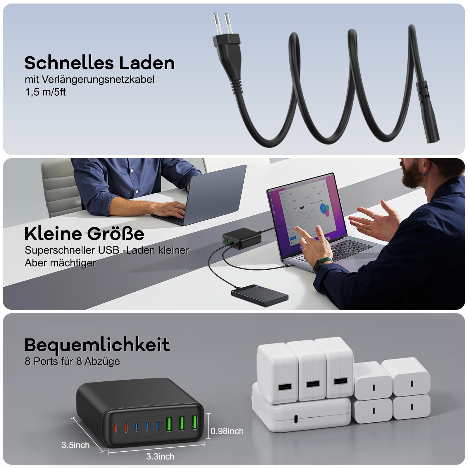 Chargeur USB C 400 W, GaN IV 8 ports, chargeur rapide, 400 W, 8 ports, compatible avec MacBook Pro/Air, iPad Pro/Air, iPhone, Android, etc. (noir, 8 ports-400 W)