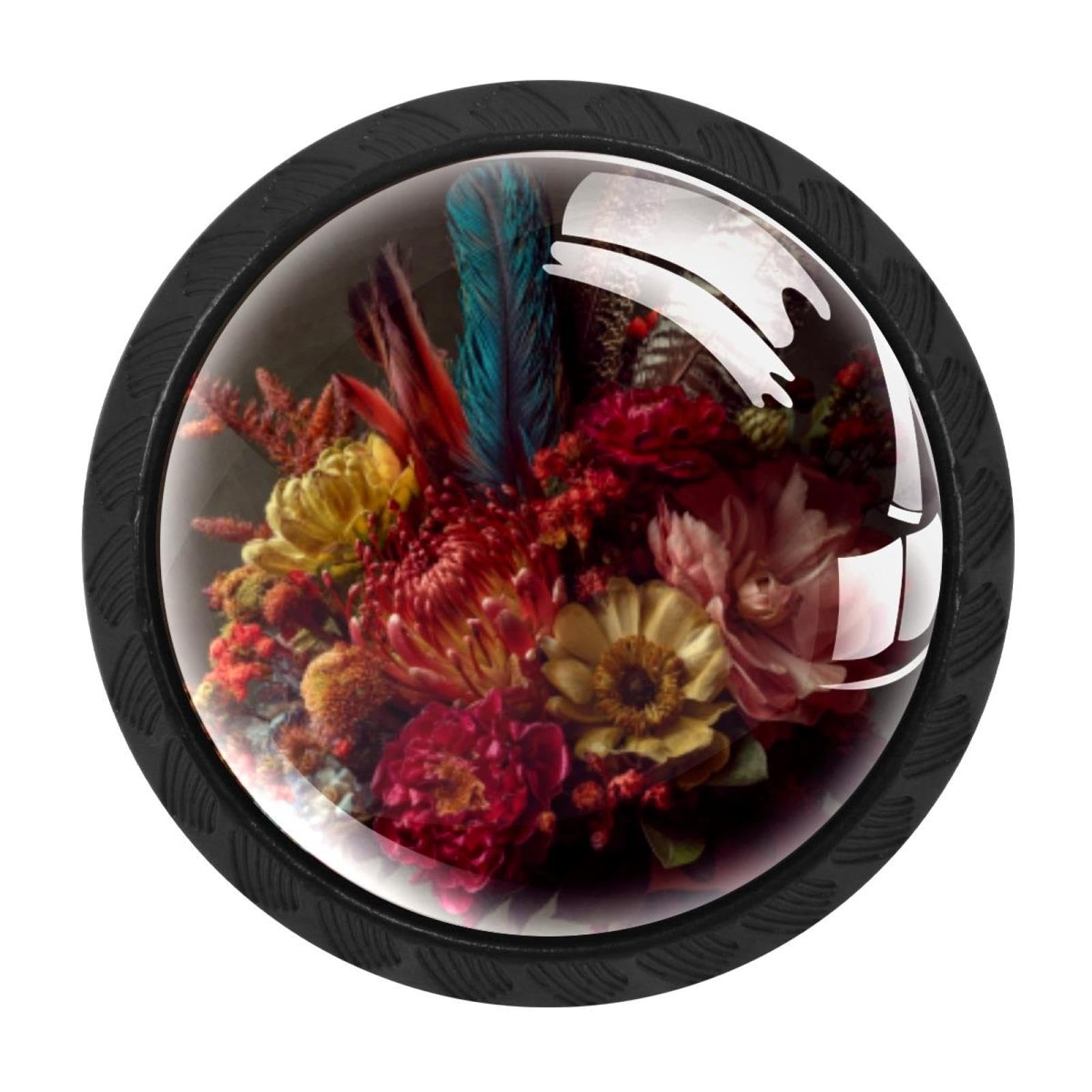 CHENZZZZ Flowers and Feathers Drawer Knobs Pull Handle Crystal Glass Circle Shape Cabinet Drawer Pulls Cupboard Knobs with Screws for Kitchen Cupboard Dresser Wardrobe etc