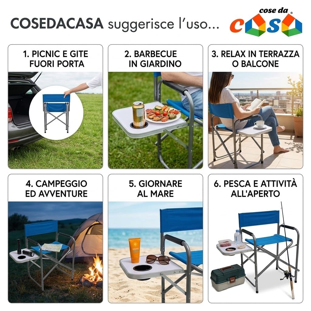 Sedia da Regista Pieghevole con Tavolino Laterale e Porta Bicchiere per Campeggio Giardino Pesca e Outdoor in Metallo e Tessuto Poliestere 600D cm 83x47x80 poltrona Comfort (verde)