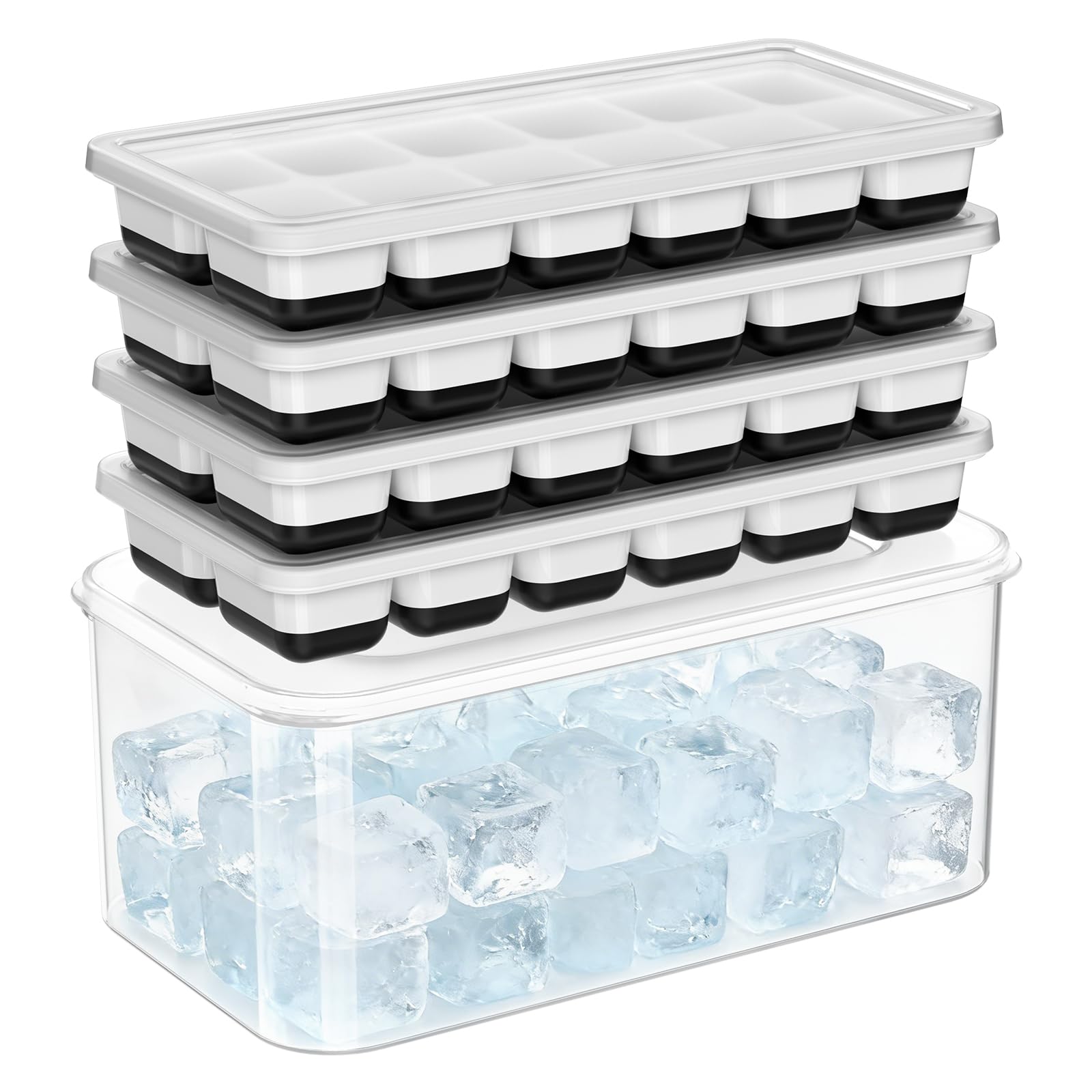 Ice Cube Tray with Lid & Bin - 4 Pack Small Stackable Silicone Trays for Freezer with Storage Container, Leak-Proof Lids, BPA-Free, Easy Release for Kitchen, RV, Cocktail, Party, Coffee&Drinks (Black)
