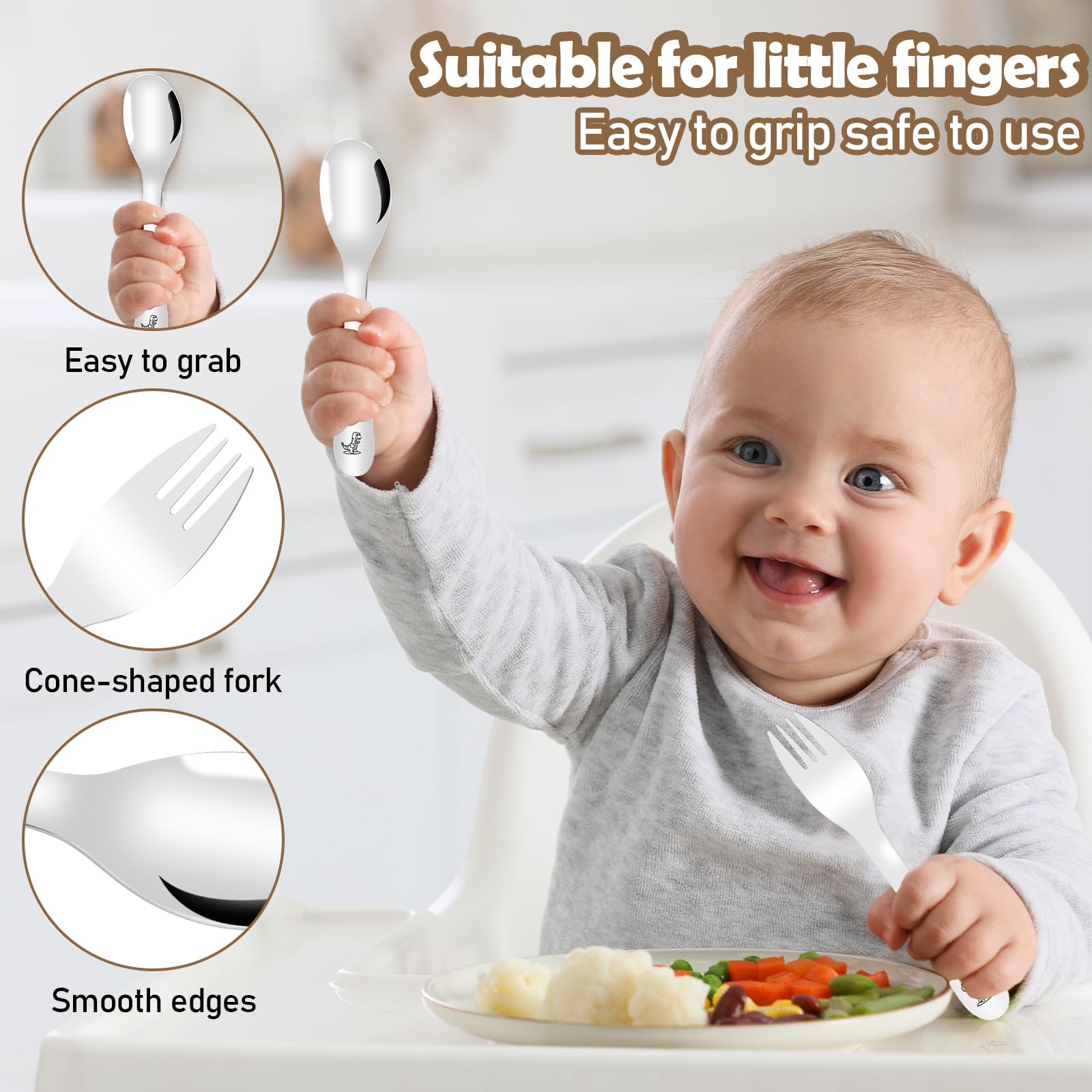 10Pcs Toddler Utensils Set Safe Stainless Steel Cartoon Dinosaur Kid Silverware Set Mirror Polished Kids Utensils Forks and Spoons Tableware Flatware Kit Dishwasher Safe(Sliver) - Image 4