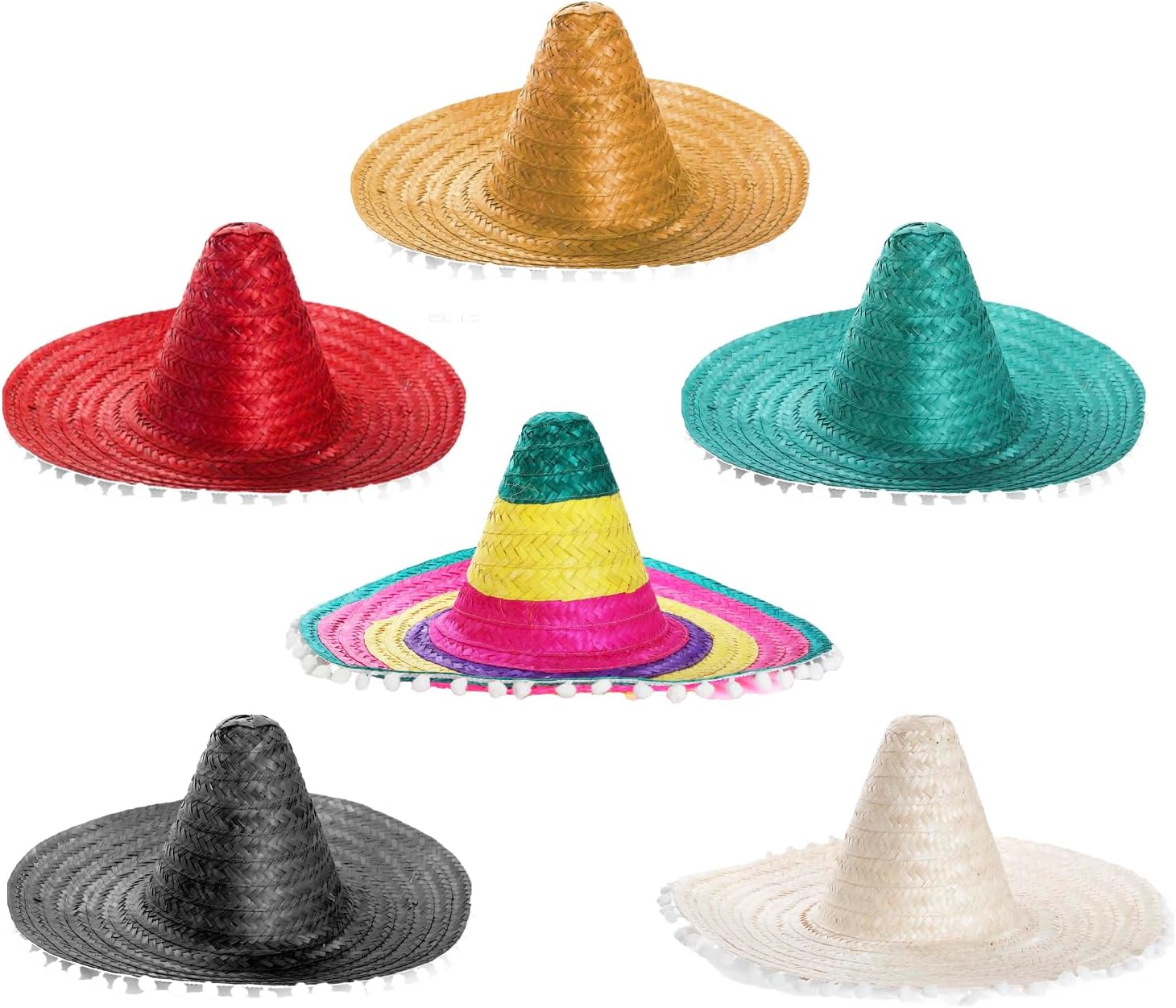 Mexican Sombreros Set - Pack of 6 Straw Sombreros in Mixed Colours with Attached White Pom Poms - Mexico Fiesta Cinco de Mayo Fancy Dress Costume Accessory