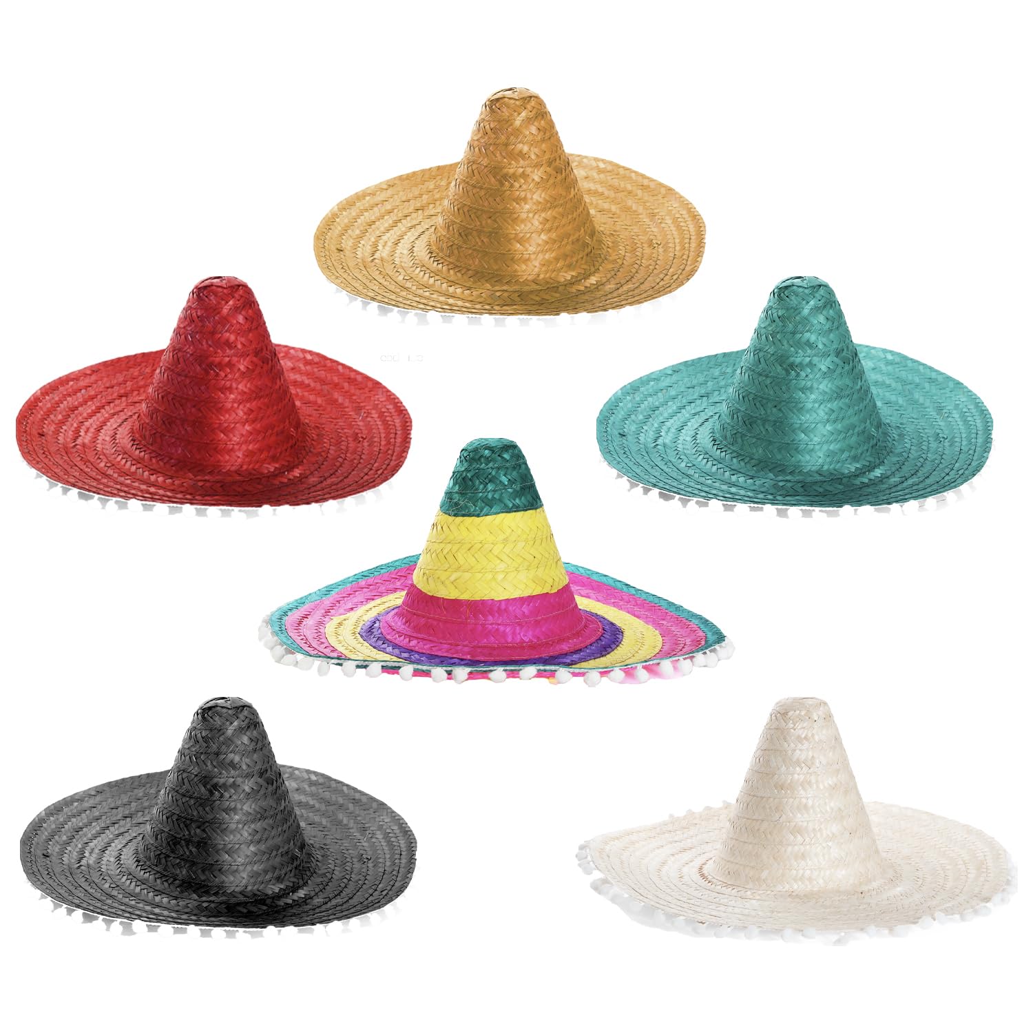 Mexican Sombreros Set - Pack of 6 Straw Sombreros in Mixed Colours with Attached White Pom Poms - Mexico Fiesta Cinco de Mayo Fancy Dress Costume Accessory