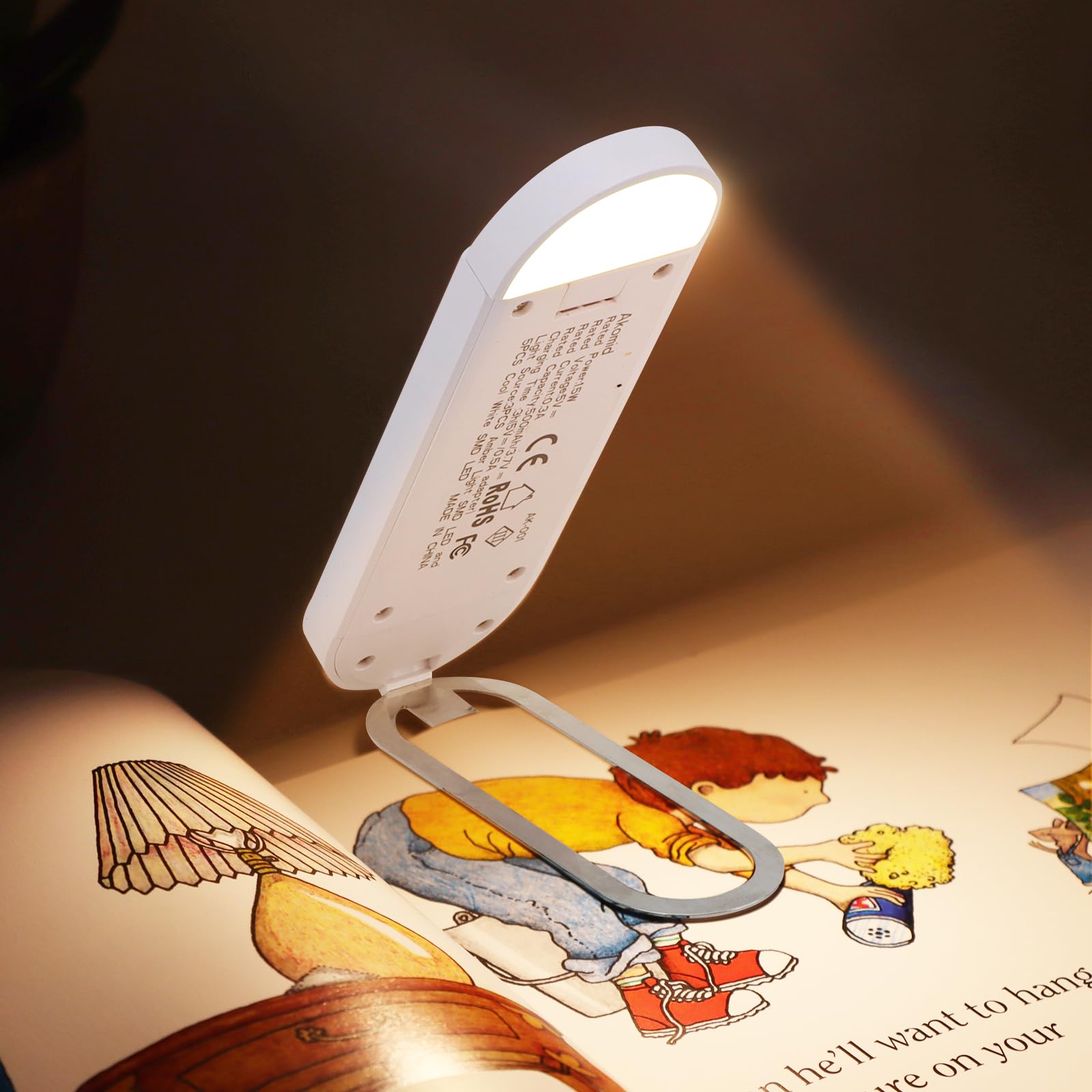 Akomid Lampada da lettura ricaricabile tramite USB, luce ambrata per gli occhi, luce da libro per leggere a letto per bambini, segnalibro a 8 LED, luce portatile a clip, oscuramento continuo, bianco