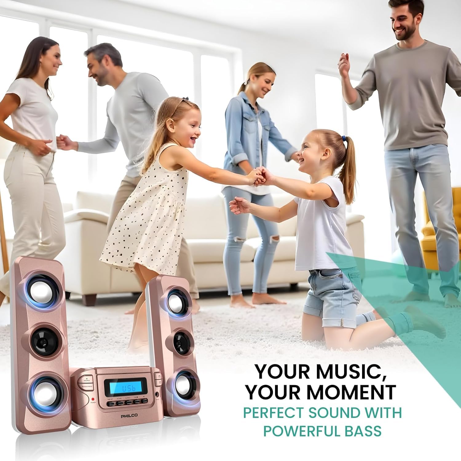 Philco Stereo Regalsysteme Kompaktes CD-Regalsystem mit digitalem FM-Stereo-Radio, Bluetooth-Funktechnologie und Fernbedienung in Roségold | LCD-Display | MP3- & AUX-Anschluss kompatibel