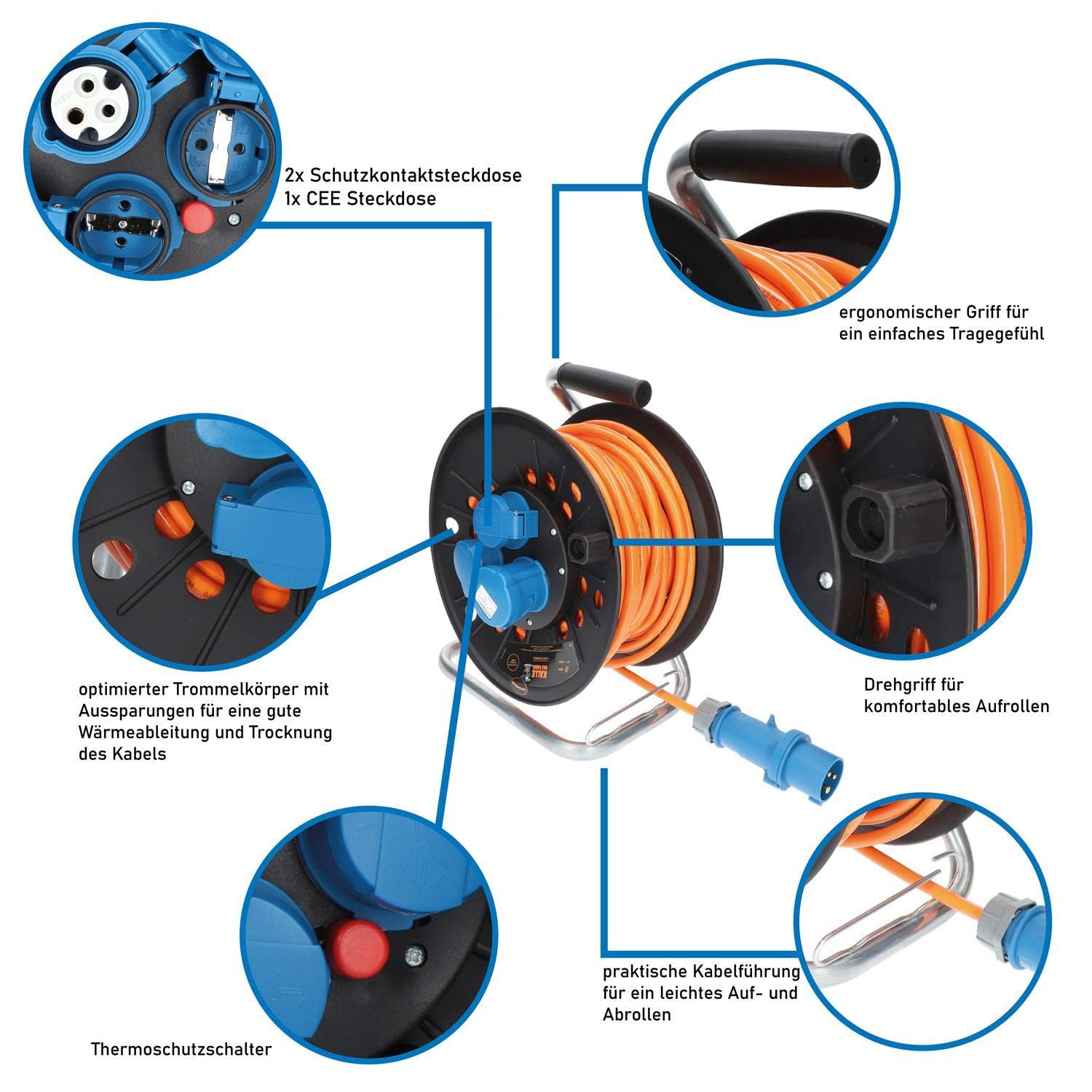 KALLE DAS KABEL CEE-Campingkabeltrommel EXTREME SIGNAL Campingkabel Wohnmobil-Kabel Caravantrommel H07BQ-F 3G 2,5mm² 25 Meter Kabeltrommel +Anschlussleitung mit Winkelkupplung 1,5m +Adapterleitung