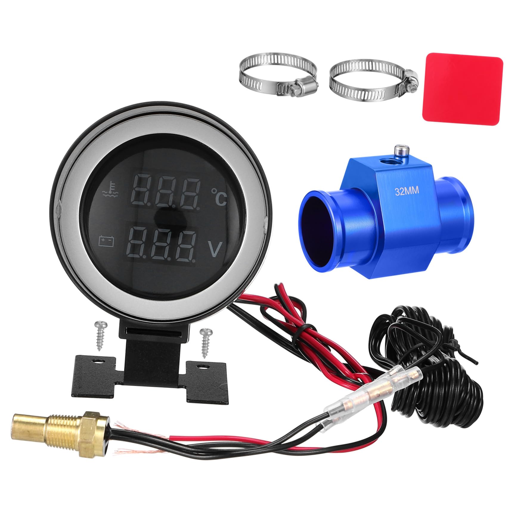 Digital Water Temperature Meter Voltmeter For Car And Motorcycle Compact Round LED Display With Alarm Easy Installation Kit For Engine And Coolant Monitoring