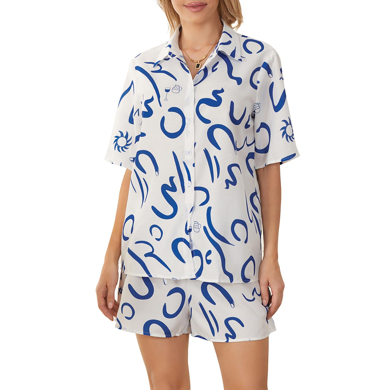 Women's Oversized 2 Piece Outfits Fashion Printed Short Sleeve Button Down Shirt Shorts Co Ord Set Summer Streetwear Beachwear (V-White Blue, L)