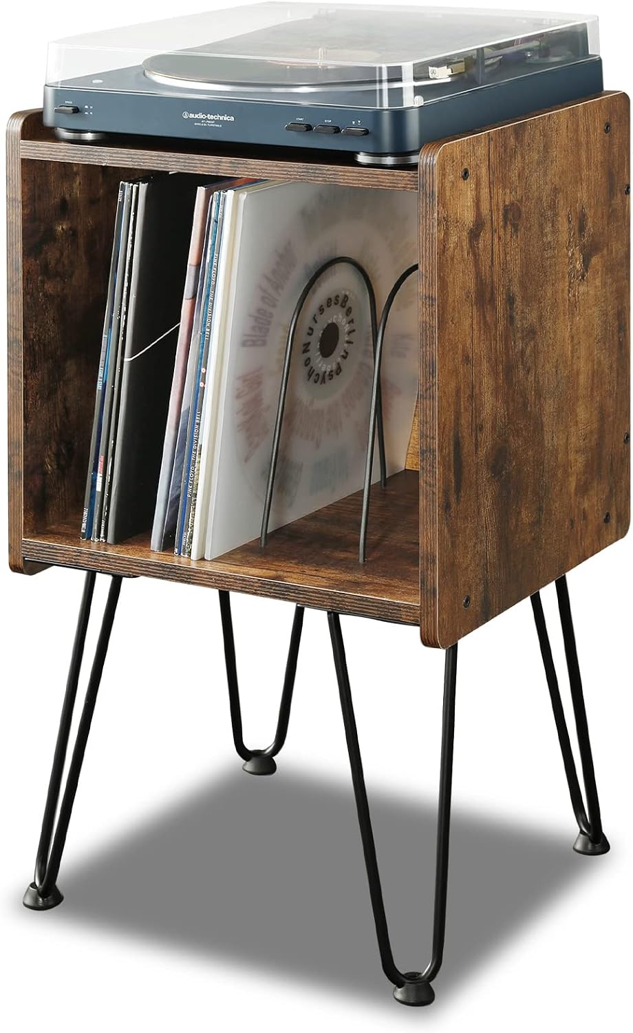 TC-HOMENY Record Player Stand, Vinyl Record Storage Cabinet with Metal Hairpin Legs, Vinyl Record Holder with 4 Quick-Release dividers, Record Storage Holder, End Table for Bedroom Living Room