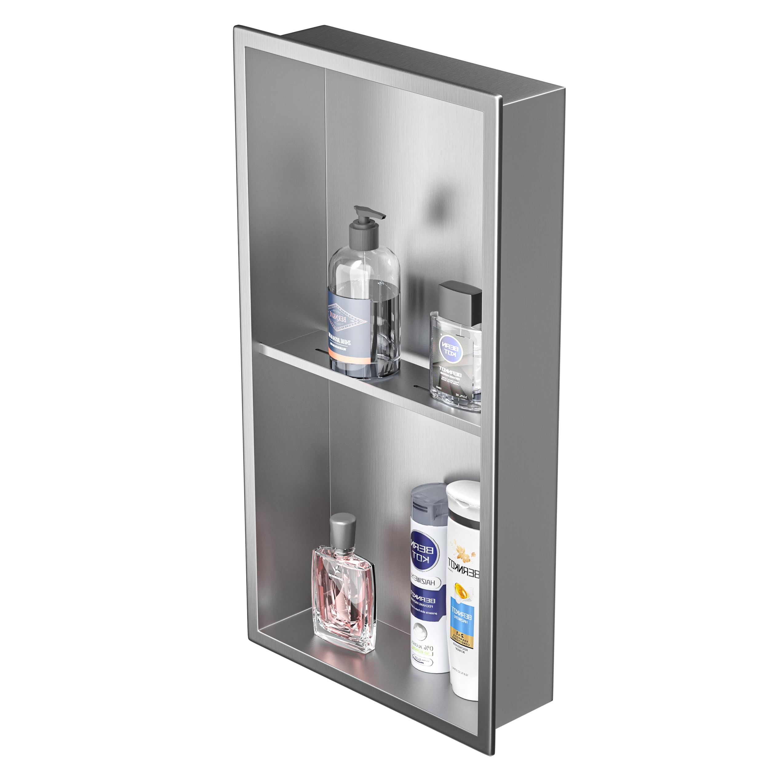 Stainless Steel Shower Niche 24" X 12" Brushed No Tile Needed Wall Niche Double Shelves Recessed Shower Shelf for Bathroom Storage Over Mount Installation
