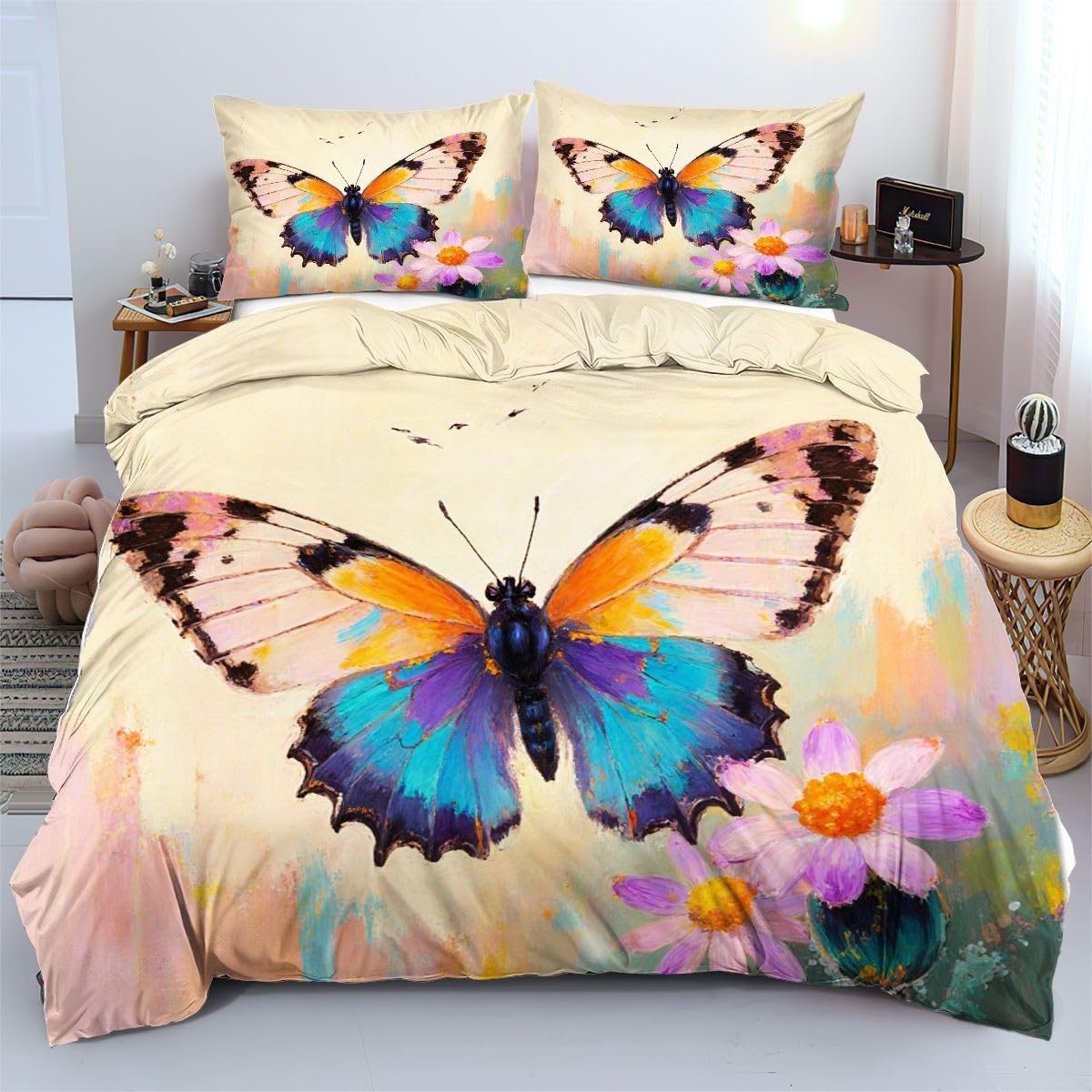 Linge de lit 220x240 cm papillon coloré pour lit deux personnes