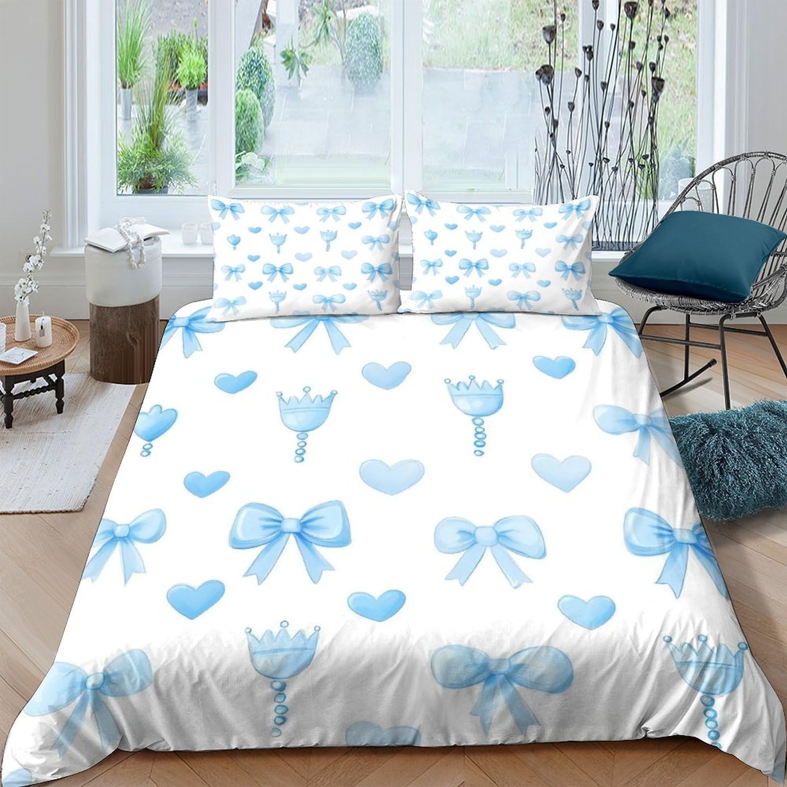 Ctjqhvkz Style-8 3D Printed Blue Bow Heart Fitted Sheet Microfiber Soft Breathable Floral Bed Cover For Bedroom Guest Room Decor Single（135X200cm）