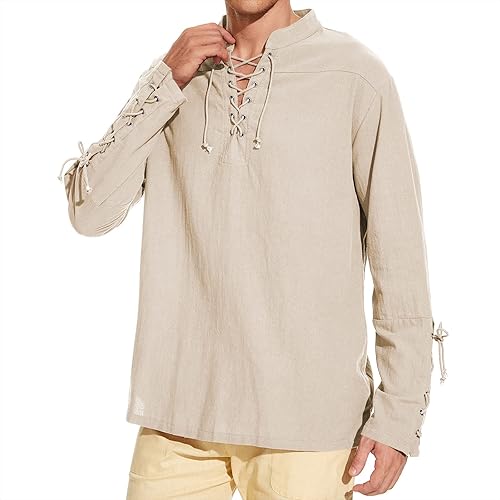 Miniatura 5 de Camisa para hombre con temática pirata medieval renacentista steampunk retro de manga larga con encaje, camiseta viking gótica para disfraz de