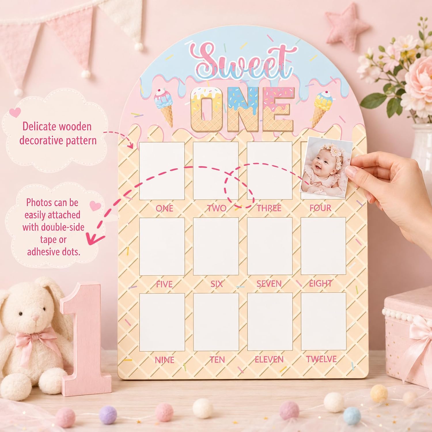 Ice Cream First Year Photo Board Sweet One 1st Birthday Party Wooden Board Decor 12 Monthly Milestone Picture Frame One Year Old Wood Sign Banner for Baby Keepsake Gift Supply（Fit 2x2.8 inch Photo)