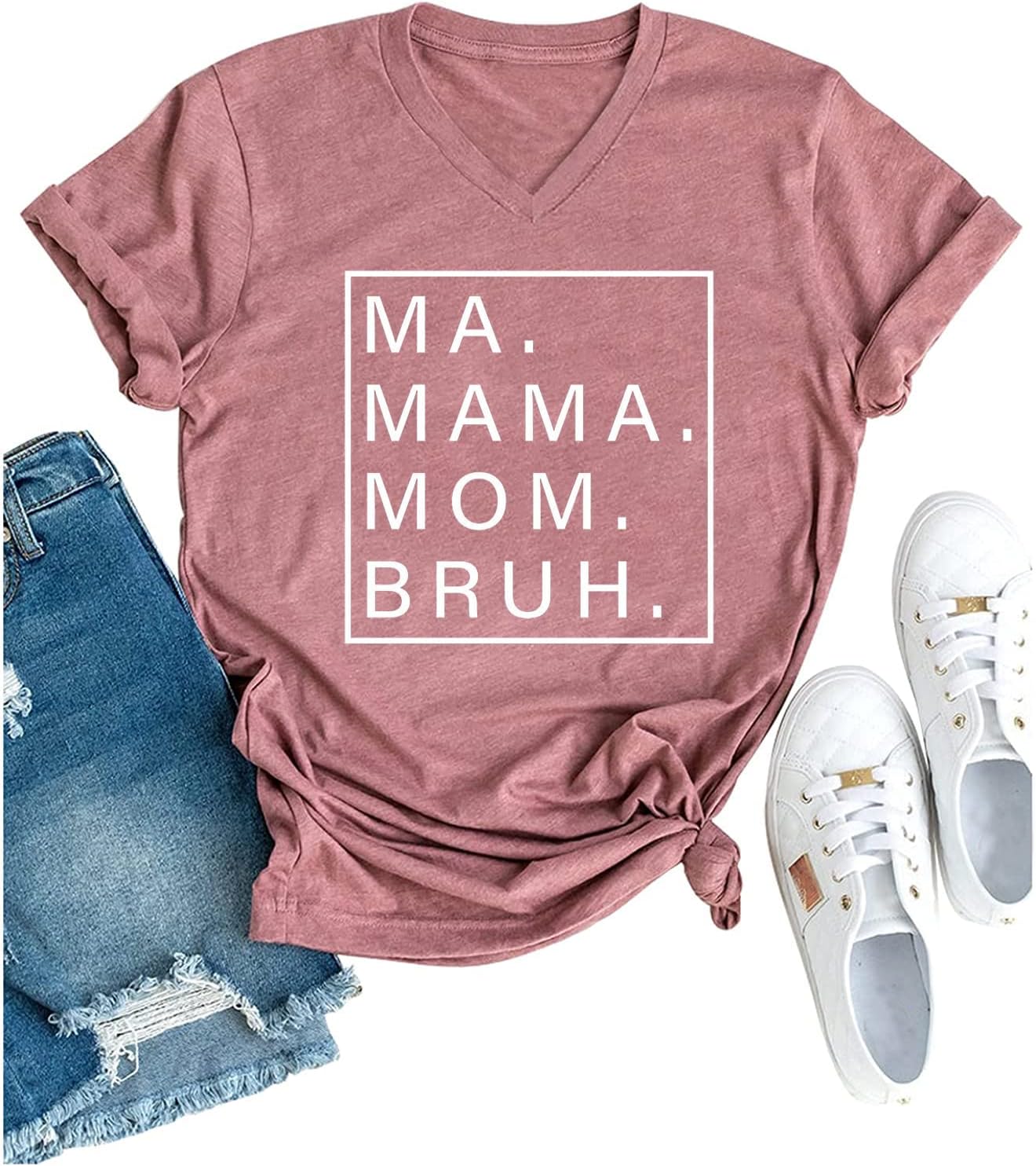 Mama Mommy Mom Bruh Tshirt Women Casual V-Neck Short Sleeve Tee Tops Funny Mom Shirt Mama Life T-Shirt
