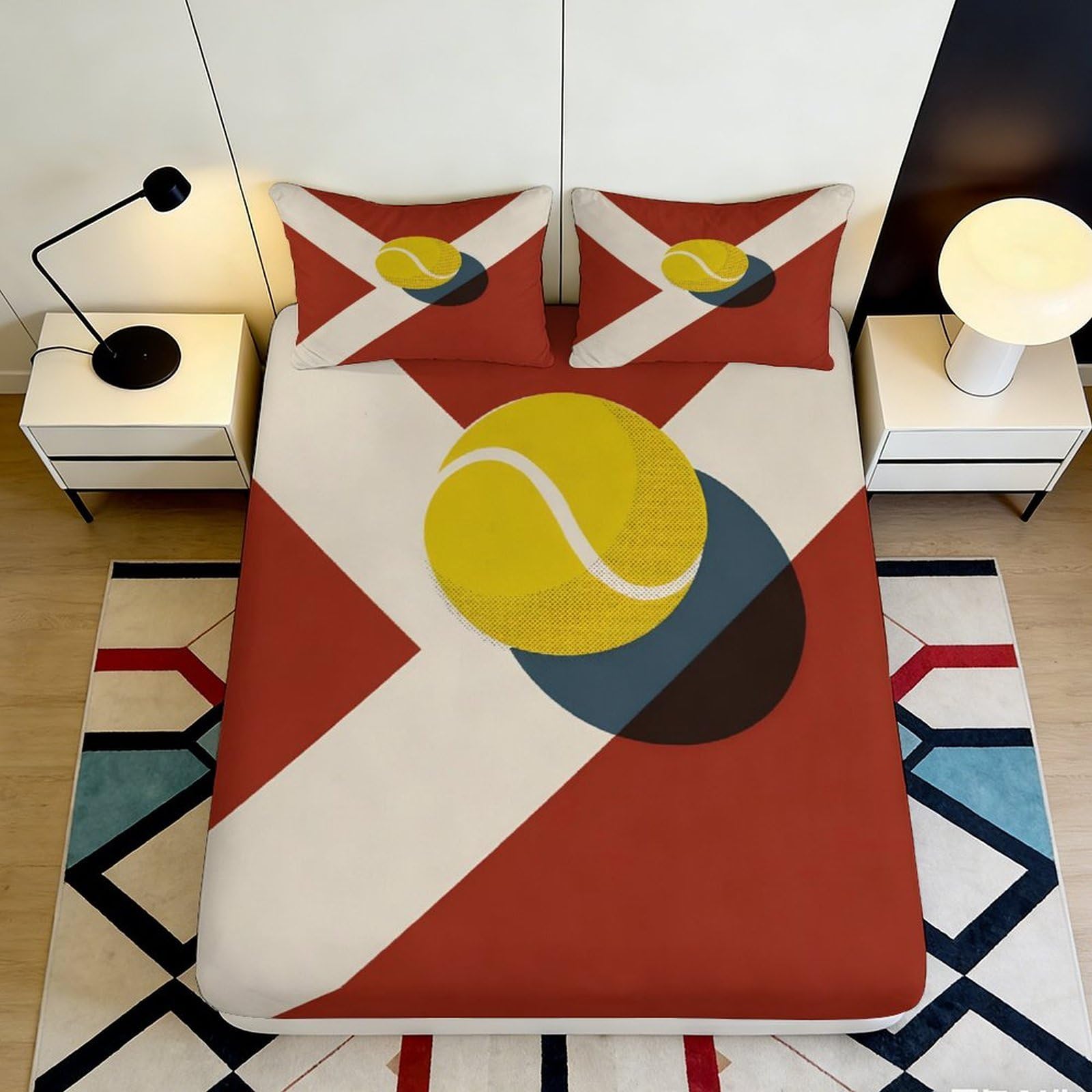 3D Printed Abstract Geometric Fitted Sheet Microfiber Modern Minimalist Tennis Ball Bed Cover for Bedroom Guest Room Decor 90x200x25cm
