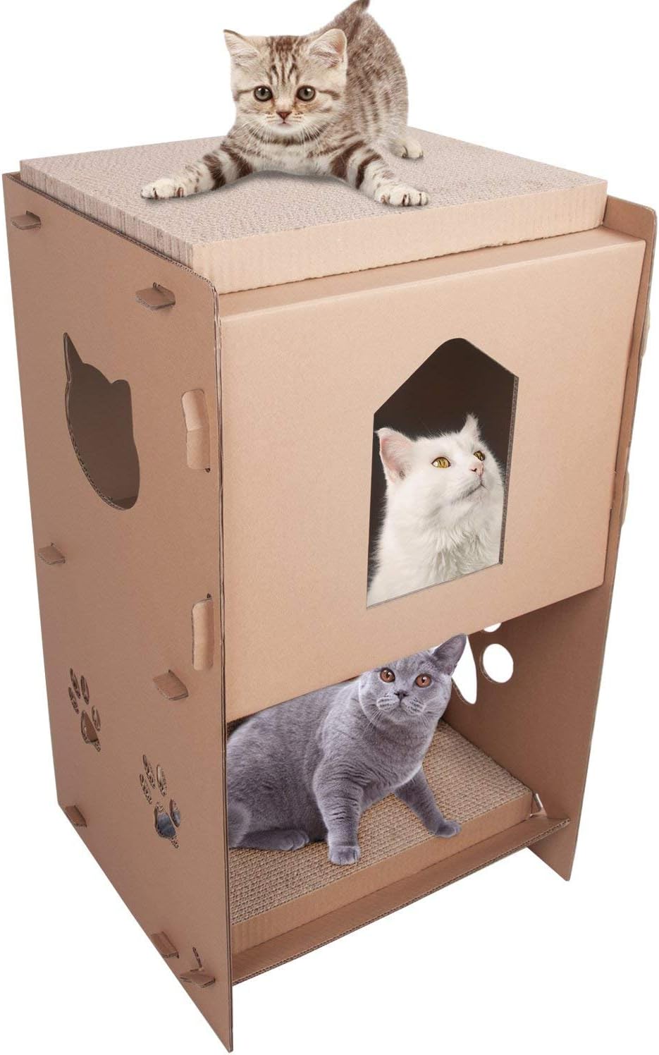 LEVE 3-Storey Cat Scratcher House Durable Cardboard Cat Lounge with 2 Scratching Boards
