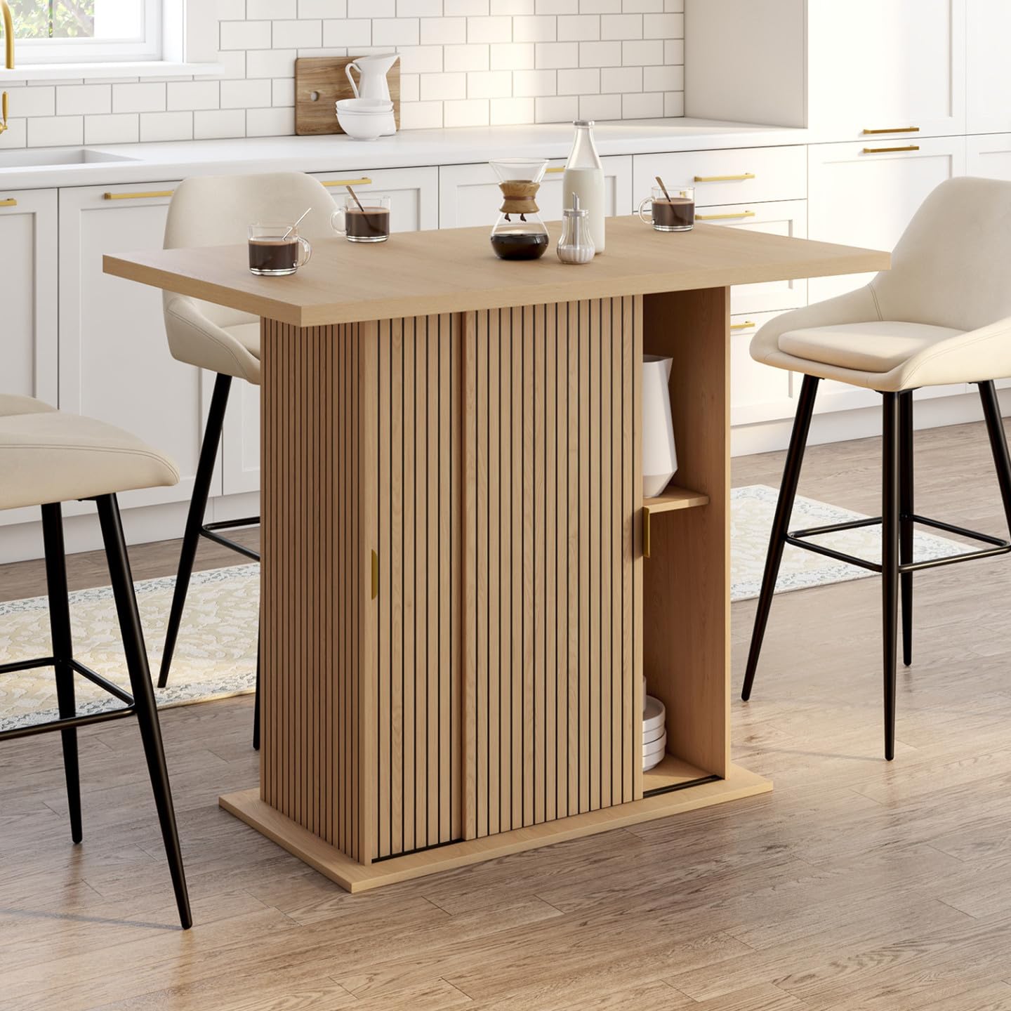 IDMarket - Ilot Central 4 Personnes Juliette 110 cm Pied Central avec Rangement Effet Lattes tasseau de Bois