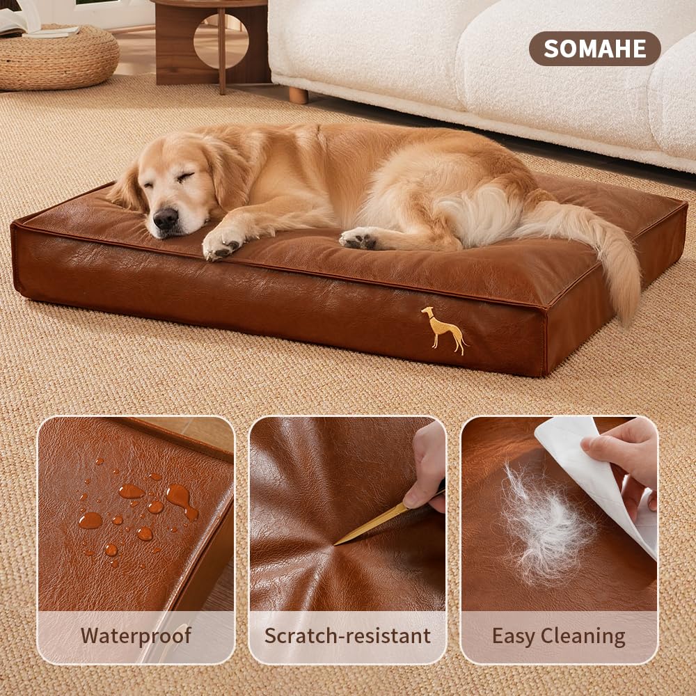 SOMAHE Cama ortopédica para perros pequeños con funda extraíble de piel sintética lavable, impermeable, color marrón, 35.4 x 27.5 x 4 pulgadas
