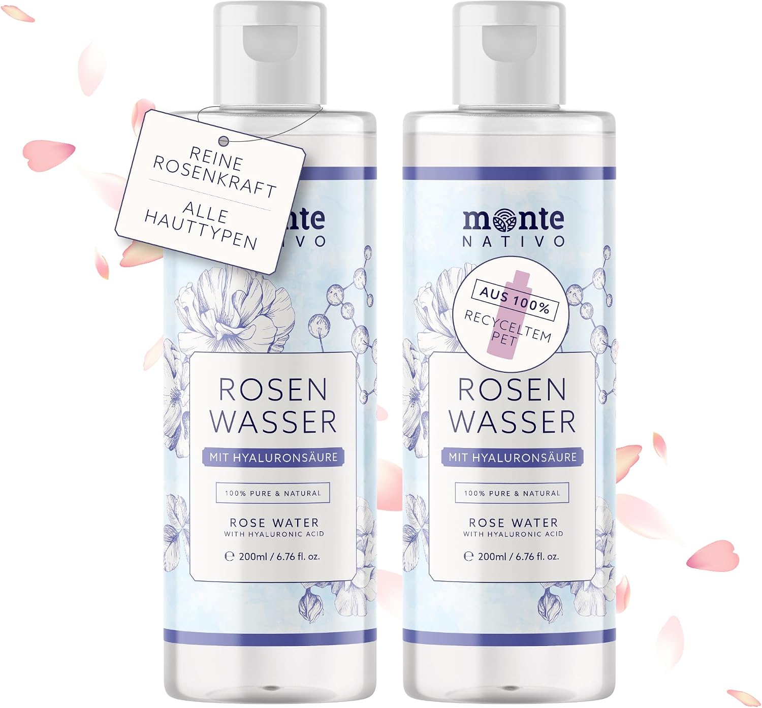 Rose Water with Hyaluronic Acid face moisturizer for Women for All Skin Types Monte Nativo 2x6.75oz (13.5oz) - Rosewater Toner for Face & Hair that Hydrates, Rejuvenates & Clarifies